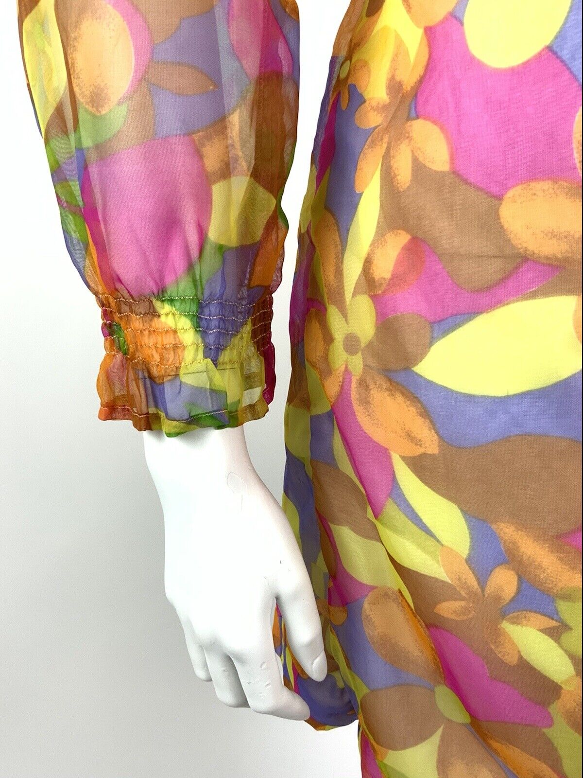 VINTAGE 60s 70s YELLOW PINK PURPLE PSYCHEDELIC FLORAL SHEER MOD DRESS 12 14