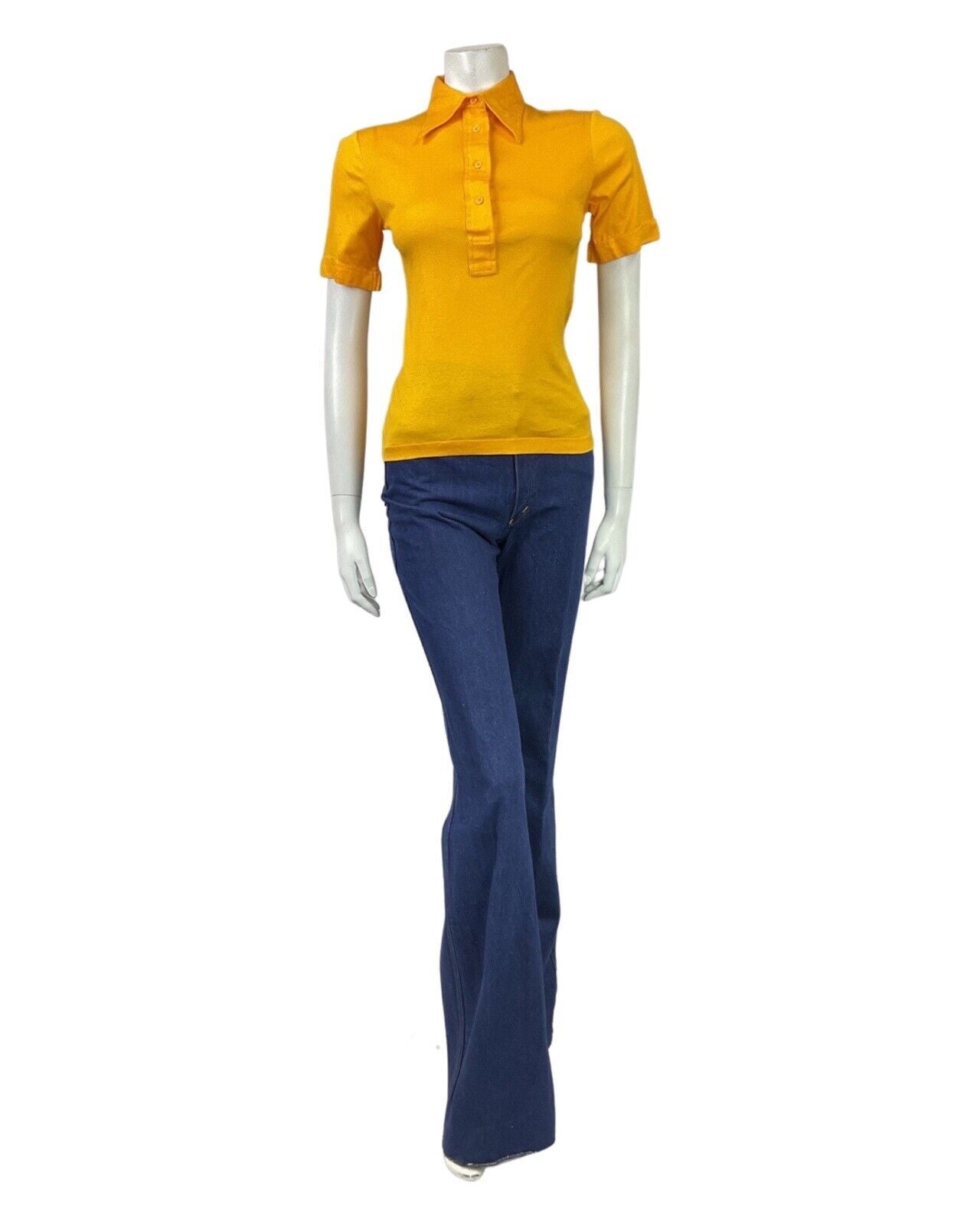 VINTAGE 60s 70s SUNSHINE YELLOW MOD DAGGER COLLAR SHORT SLEEVE SHIRT 8 10
