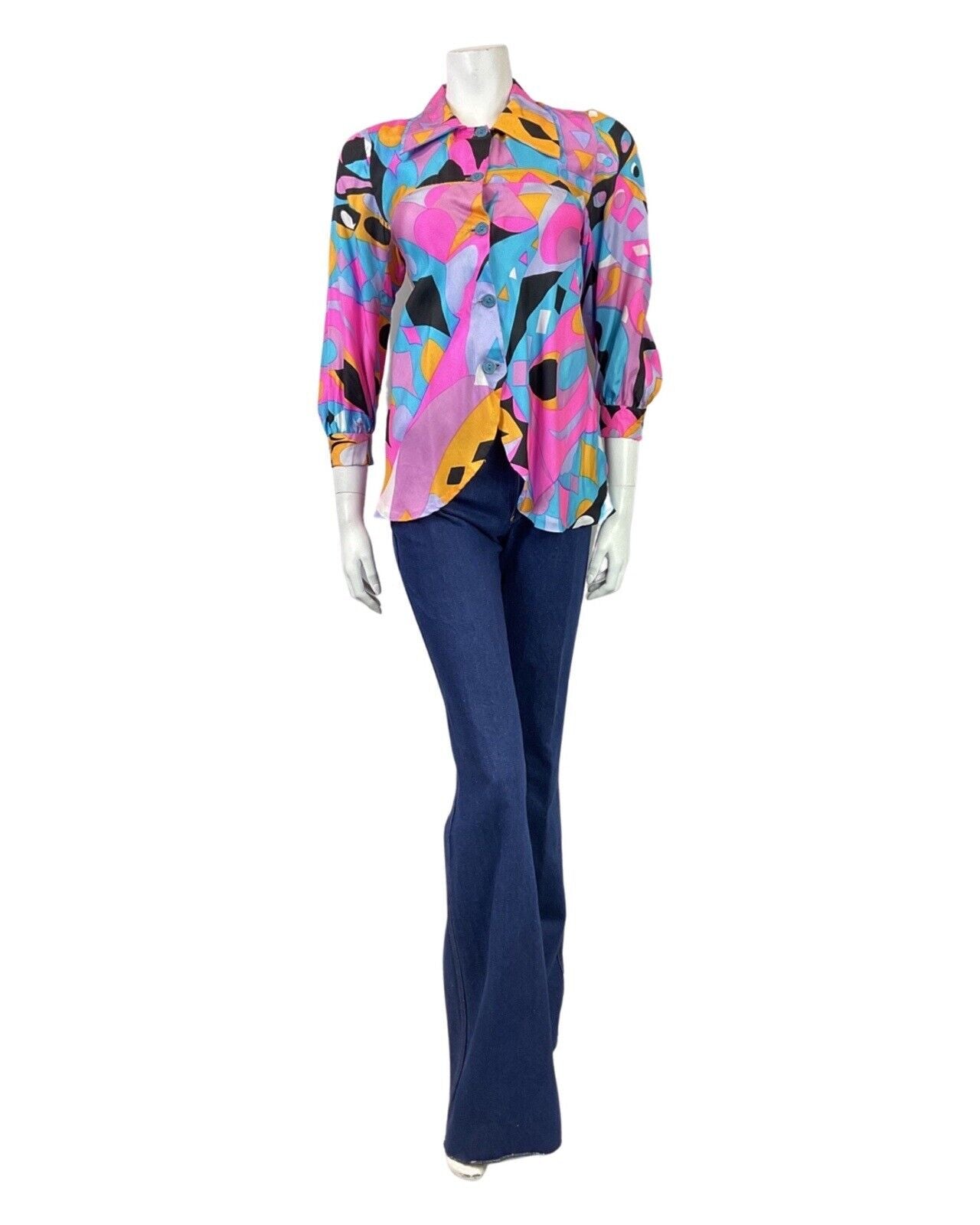 VINTAGE 70s 80s PINK BLUE BLACK PSYCHEDELIC GEOMETRIC FLOATY BLOUSE SHIRT 8 10