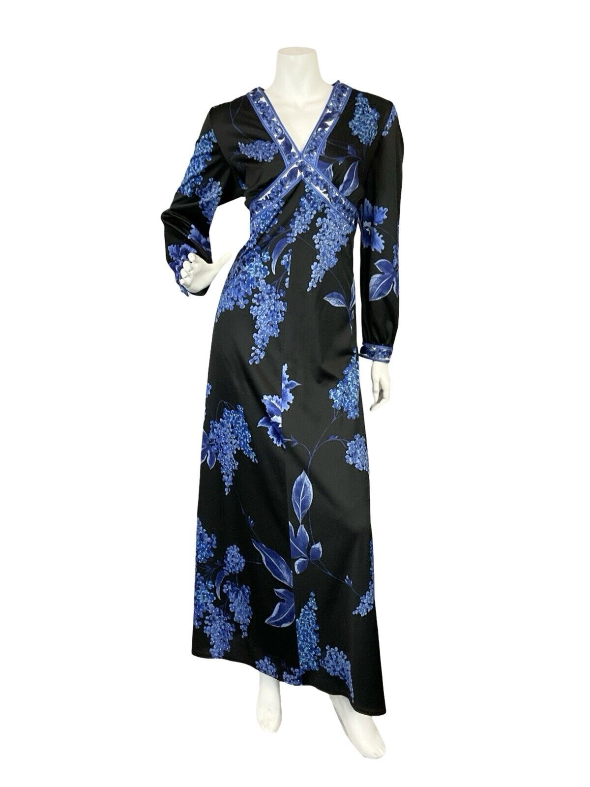 VTG 70S BLACK BLUE FLORAL PLUNGING NECKLINE BOHO HIPPY MAXI LONG SLEEVE DRESS 16