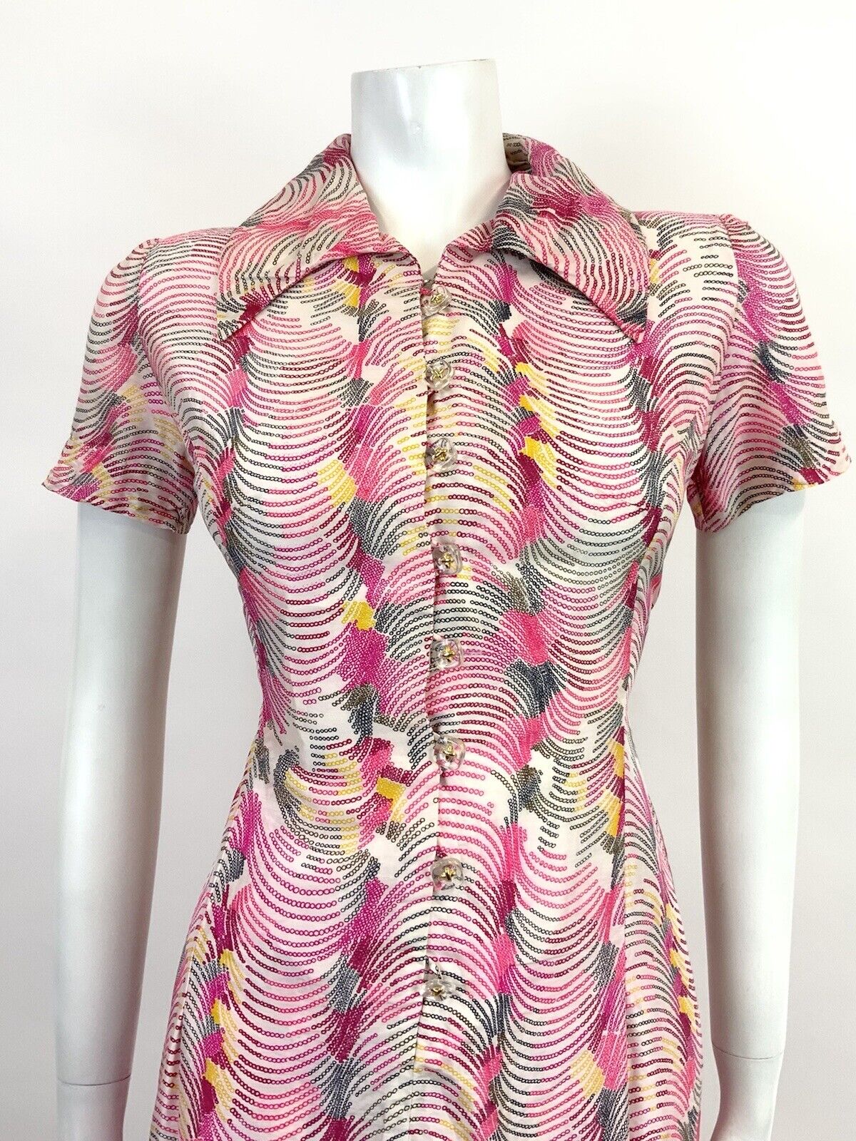 VTG 60s 70s PINK YELLOW WHITE WAVY PSYCHEDELIC WING COLLAR MOD SHIRT DRESS 10 12