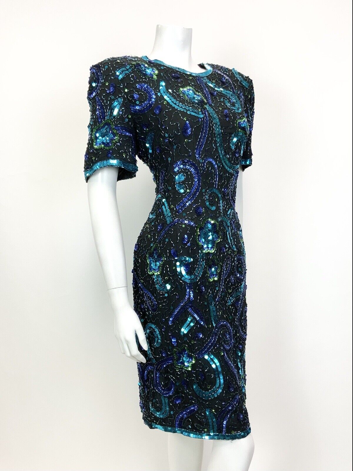VTG 70s 80s BLACK BLUE GREEN VINE FLORAL SEQUIN DISCO STUDIO 54 PARTY DRESS 14