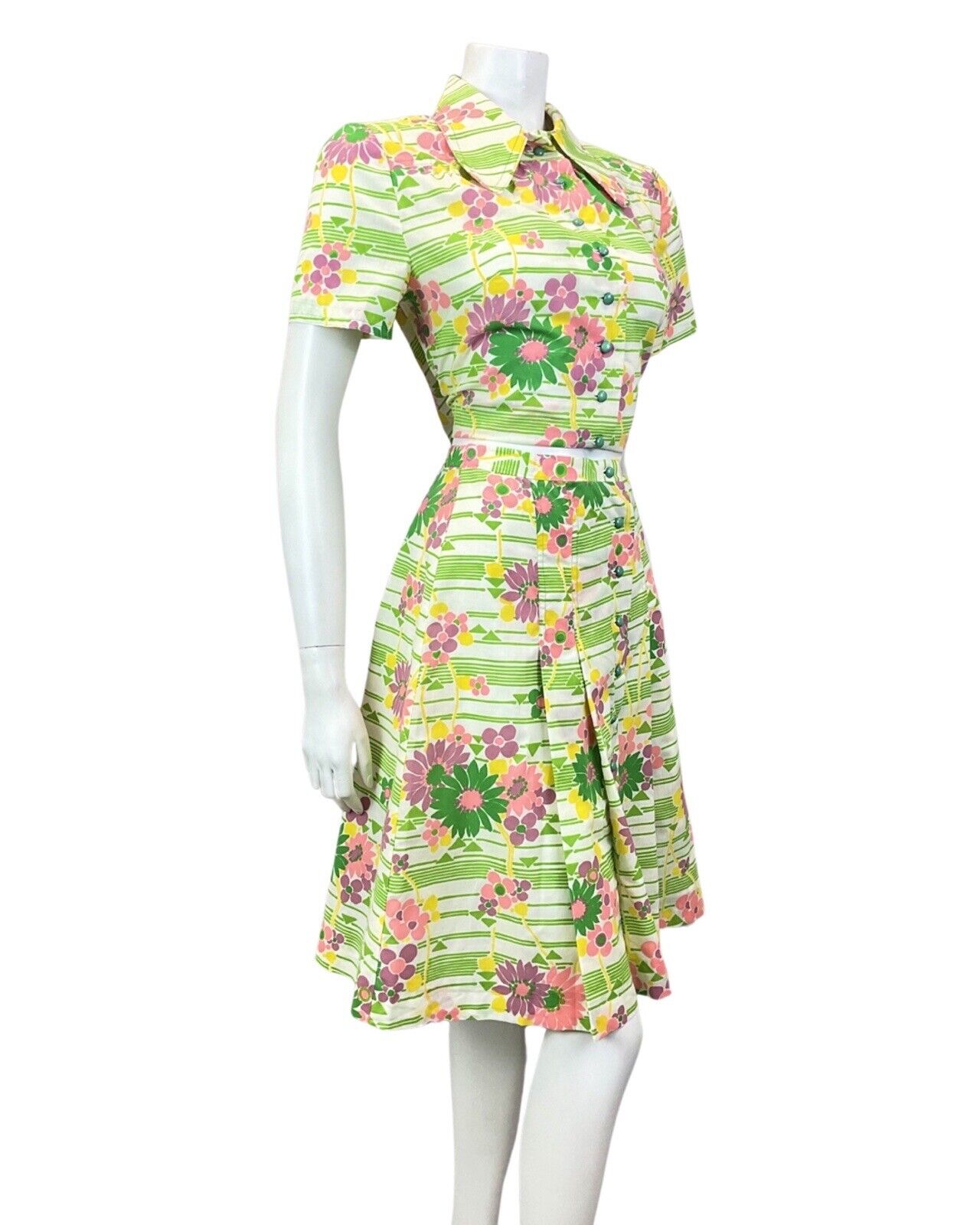 VINTAGE 60s 70s GREEN WHITE PINK STRIPED FLORAL MOD TWO-PIECE SHIRT SKIRT 10