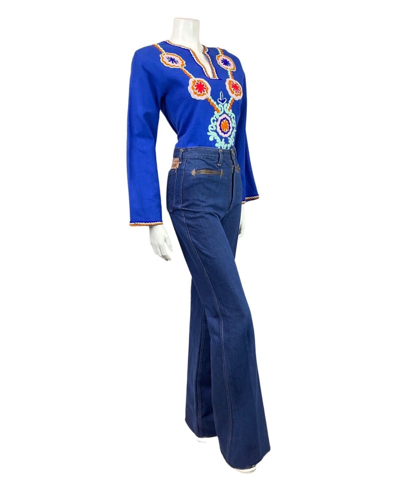 VTG 60s 70s BLUE ORANGE MIND CROCHETED RIC-RAC WAVY FLOWER BOHO FOLK BLOUSE 8 10