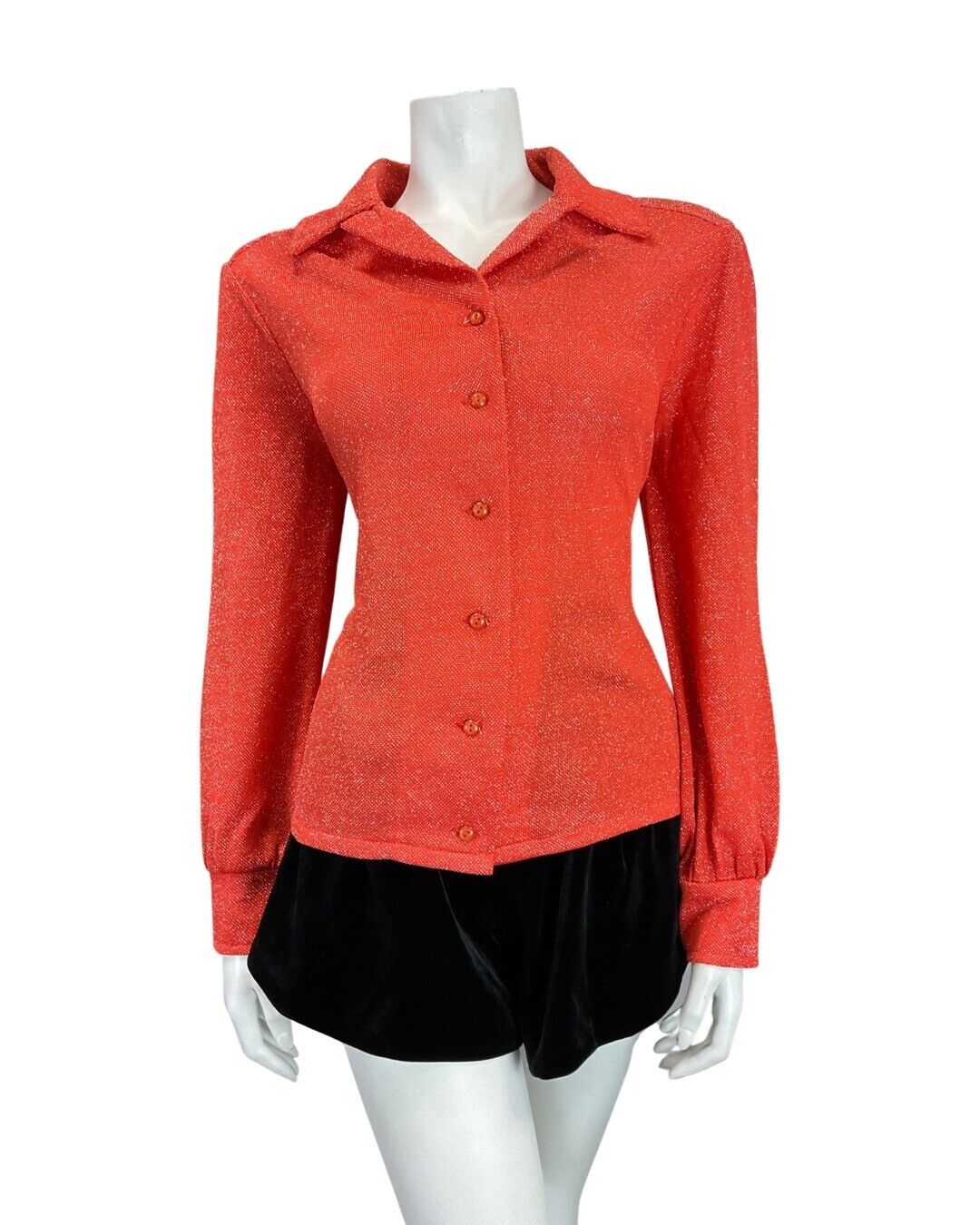 VINTAGE 60s 70s BRIGHT RED GLITTER DISCO LUREX DAGGER COLLAR SHIRT 12