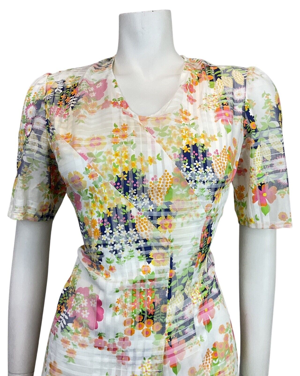 VINTAGE 60s 70s WHITE BLUE YELLOW CHECKED FLORAL DAISY MOD SHORT DRESS 10 12