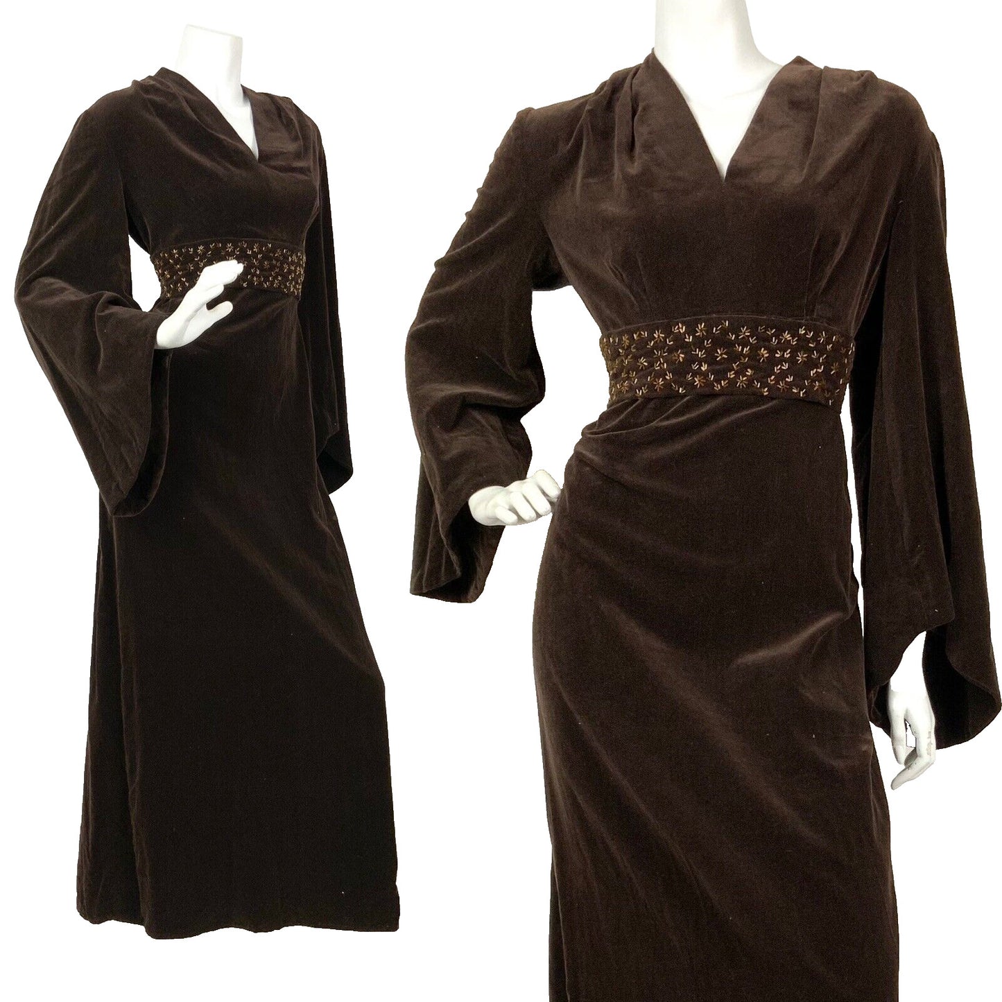 VTG 60s 70s BROWN BRONZE STAR BEADED BELL SLEEVE FOLK BOHO VELVET MAXI DRESS 12