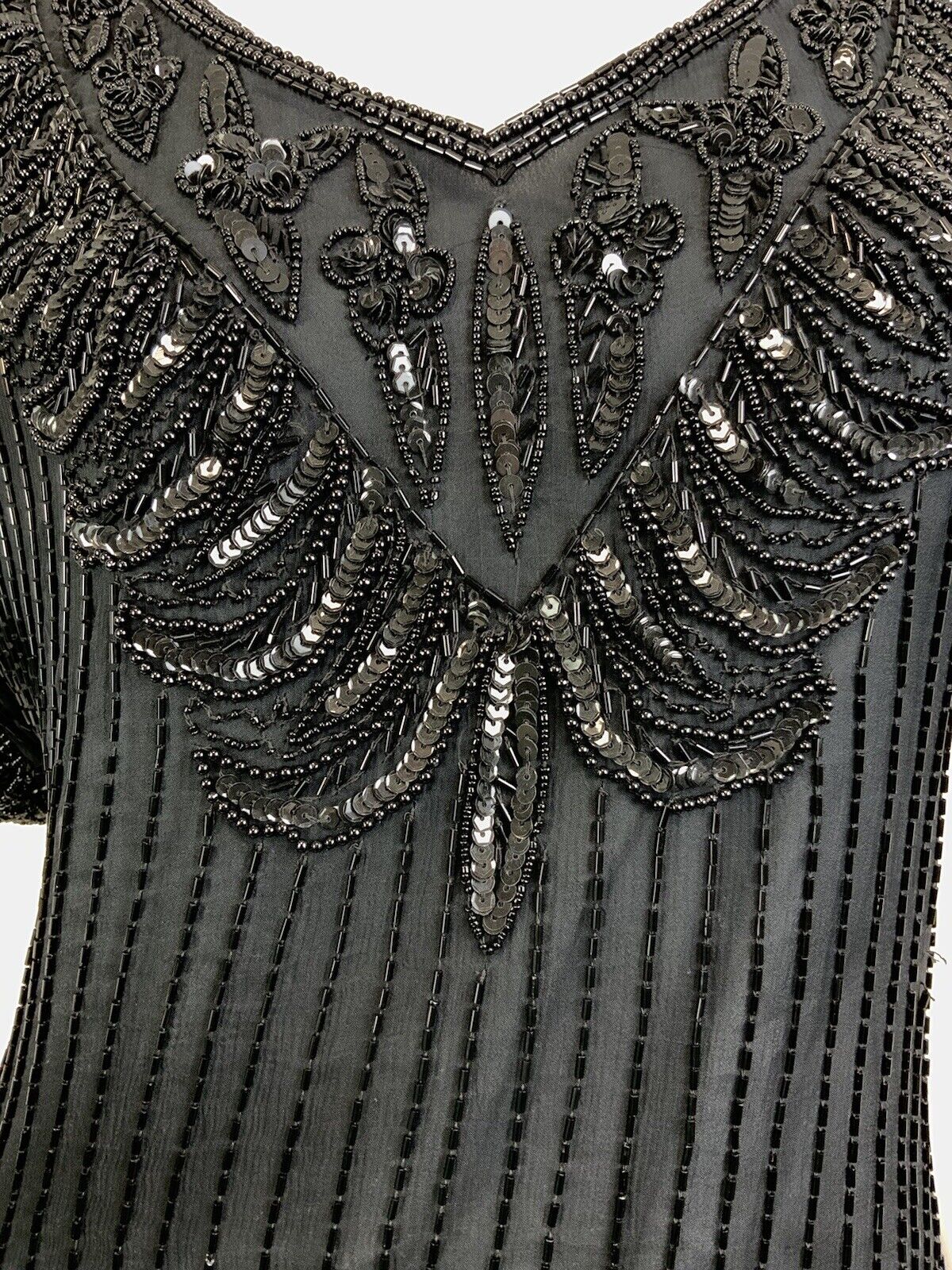 VINTAGE 70s 80s BLACK SEQUIN BEADED FLAPPER STYLE DISCO GLAM PARTY DRESS 14