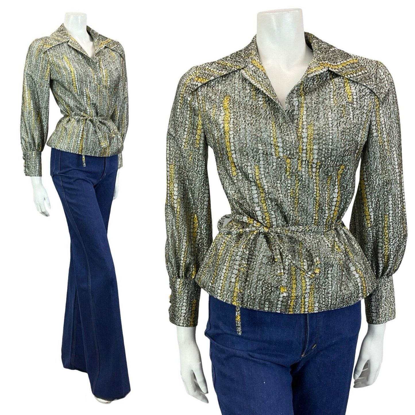 VTG 70S SILVER GOLD SPOTTY METALLIC DAGGER COLLAR BISHOP SLEEVE PARTY SHIRT 8