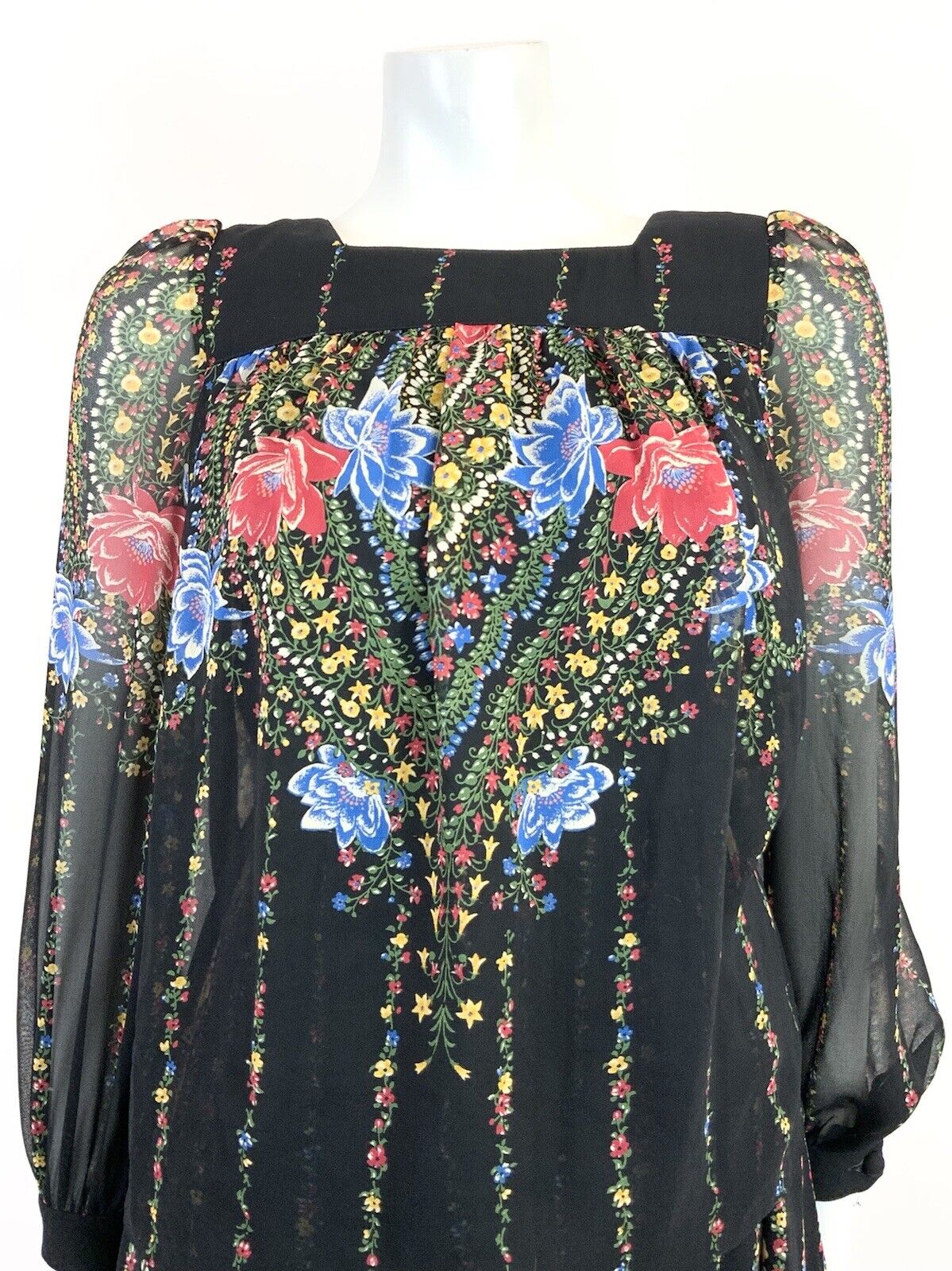 VTG 60s 70s BLACK RED BLUE FLORAL STRIPED MANDALA FOLK BOHO BLOUSON DRESS 10