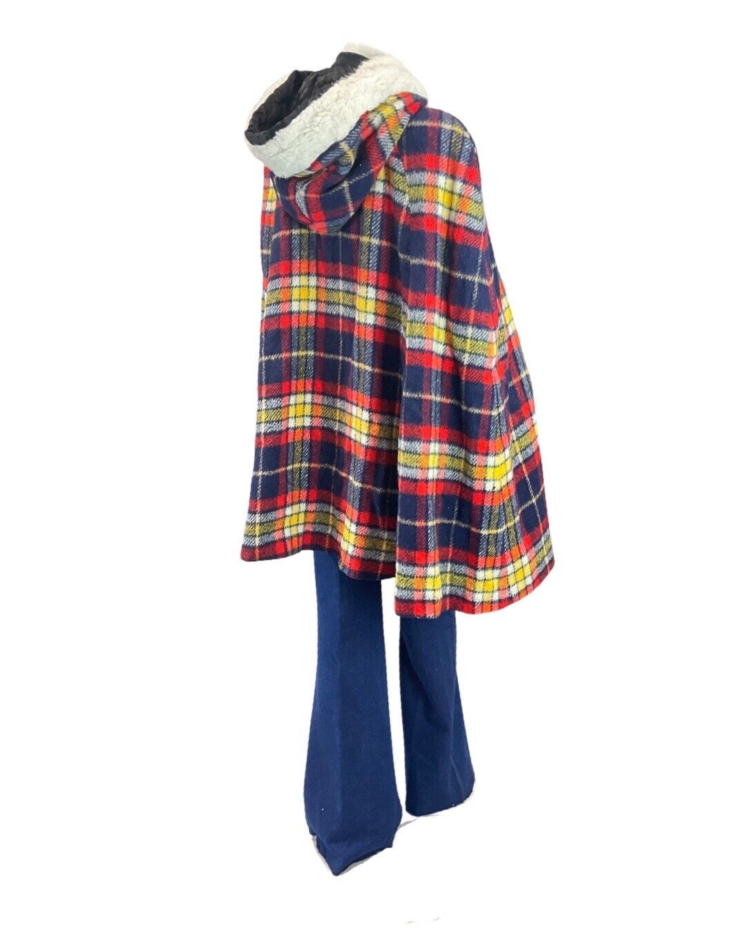 VINTAGE 60s BLUE RED WHITE TARTAN PLAID MOD FAUX-FUR HOODED WOOL CAPE 8