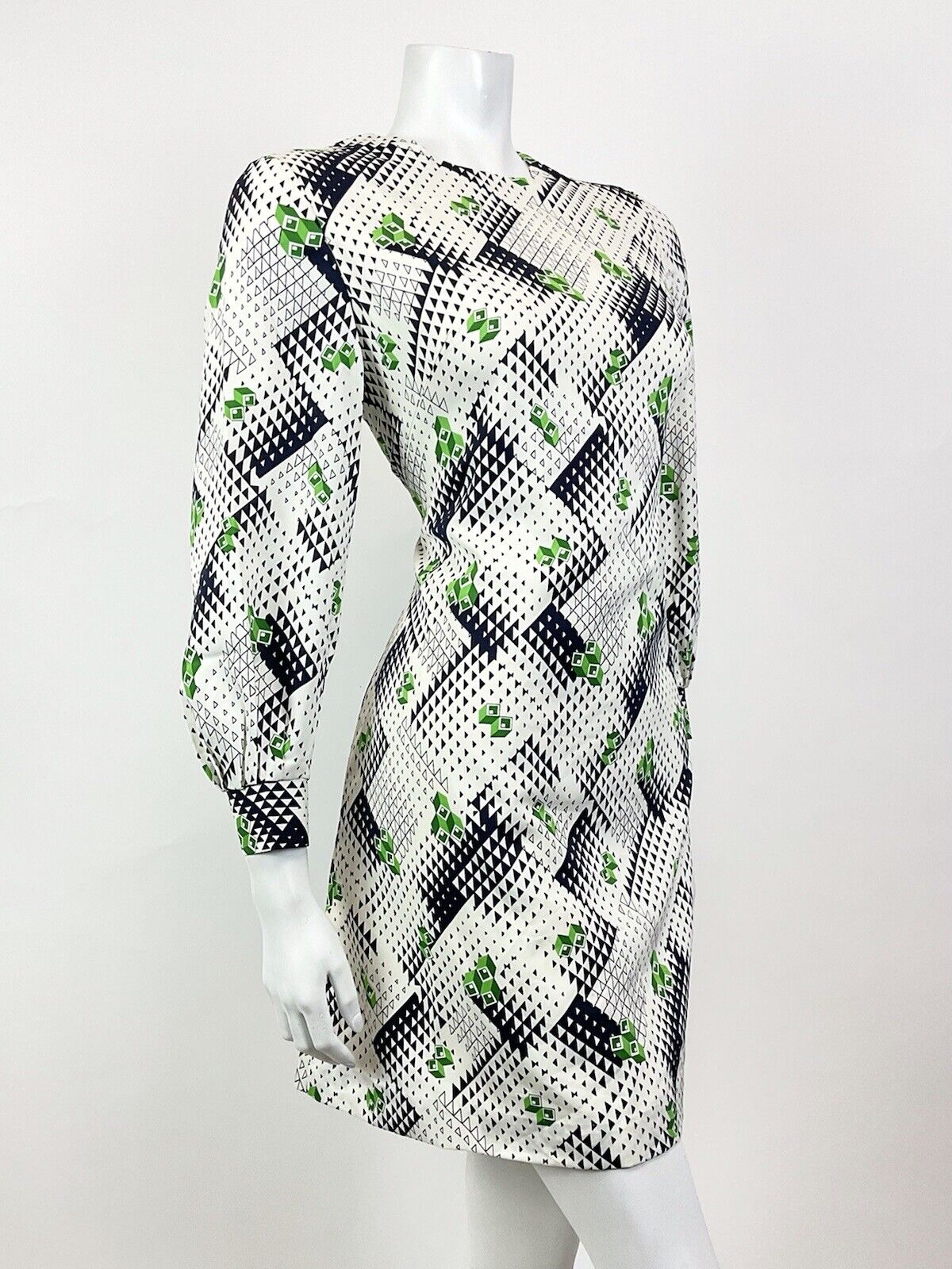 VINTAGE 60s 70s WHITE BLUE GREEN GEOMETRIC OP-ART MOD A-LINE SHORT DRESS 10 12