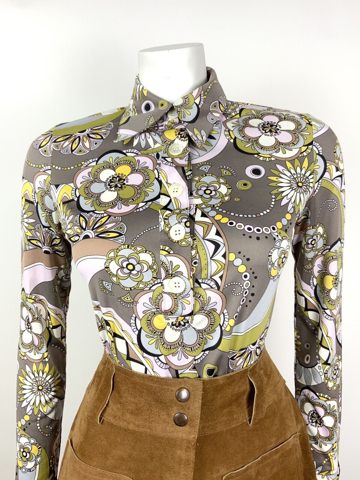 VTG 60s 70S STYLE 90s GREY PINK GREEN BLACK FLORAL PSYCHEDELIC DAGGER BLOUSE 10