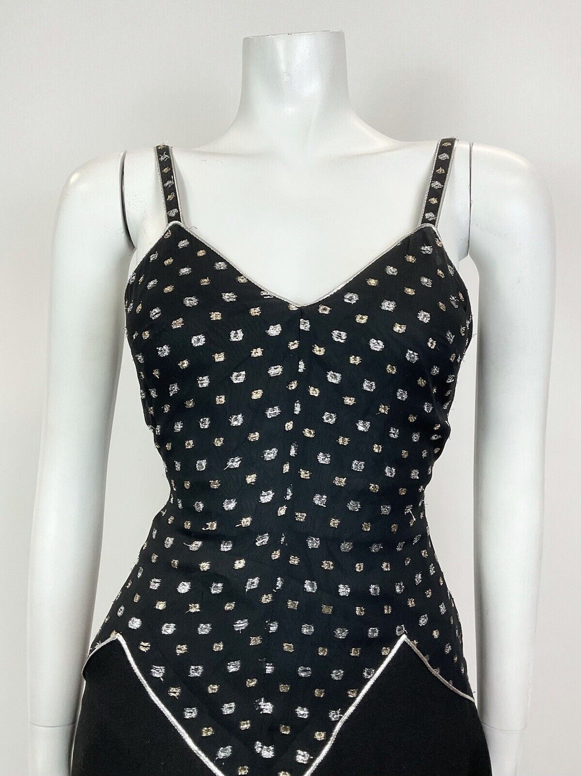 VINTAGE 60s 70s BLACK SILVER GOLD DOTTY DISCO STUDIO 54 STRAPPY SWING DRESS 10