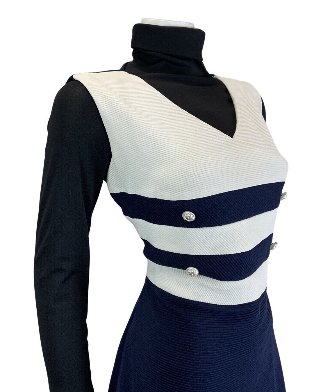 VINTAGE 60s 70s NAVY BLUE WHITE STRIPED NAUTICAL MOD SLEEVELESS DRESS 12 14