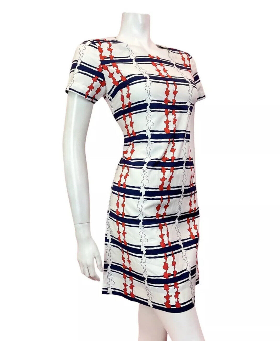 VINTAGE 60s 70s WHITE RED BLUE STRIPED MOD SCOOTER SHIFT MINI DRESS 8 10