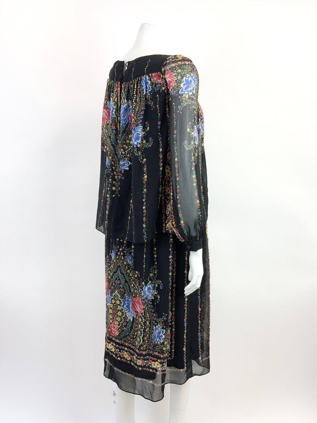 VTG 60s 70s BLACK RED BLUE FLORAL STRIPED MANDALA FOLK BOHO BLOUSON DRESS 10