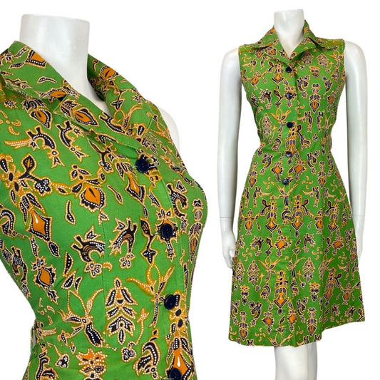 VINTAGE 60s 70s GREEN BLACK GOLD ABSTRACT FLORAL MOD DAGGER SHIRT DRESS 8 10