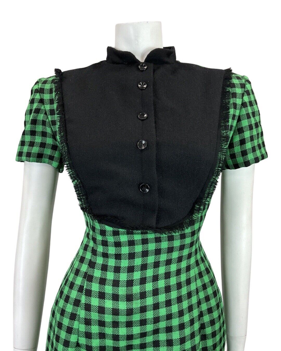 VINTAGE 60s 70s GREEN BLACK GINGHAM CHECKED MOD FITTED DRESS 8 10