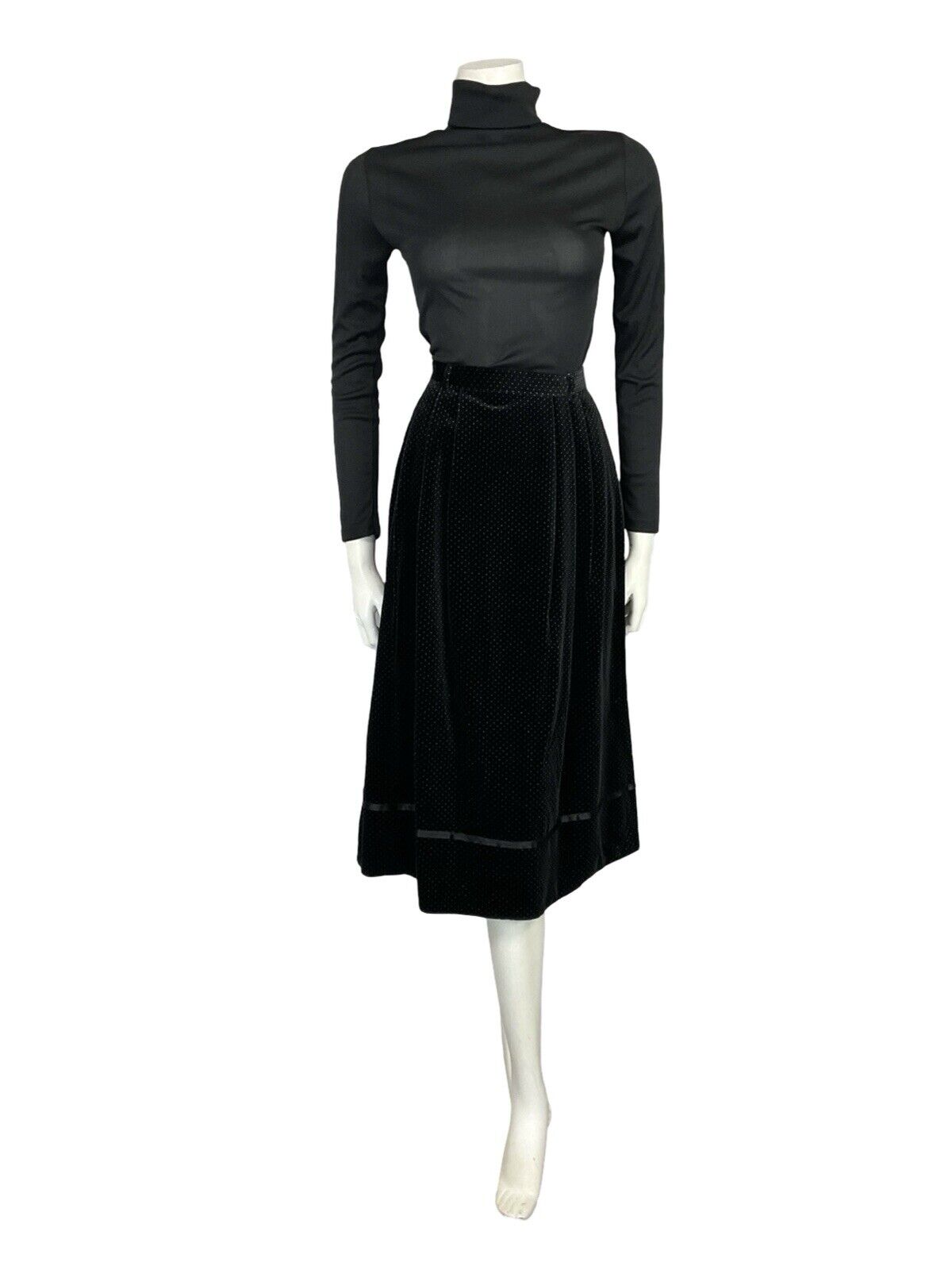 VTG 70S FOLK BOHO BLACK WHITE PIN DOT VELVET RIBBON TRIM MIDI SKIRT 6