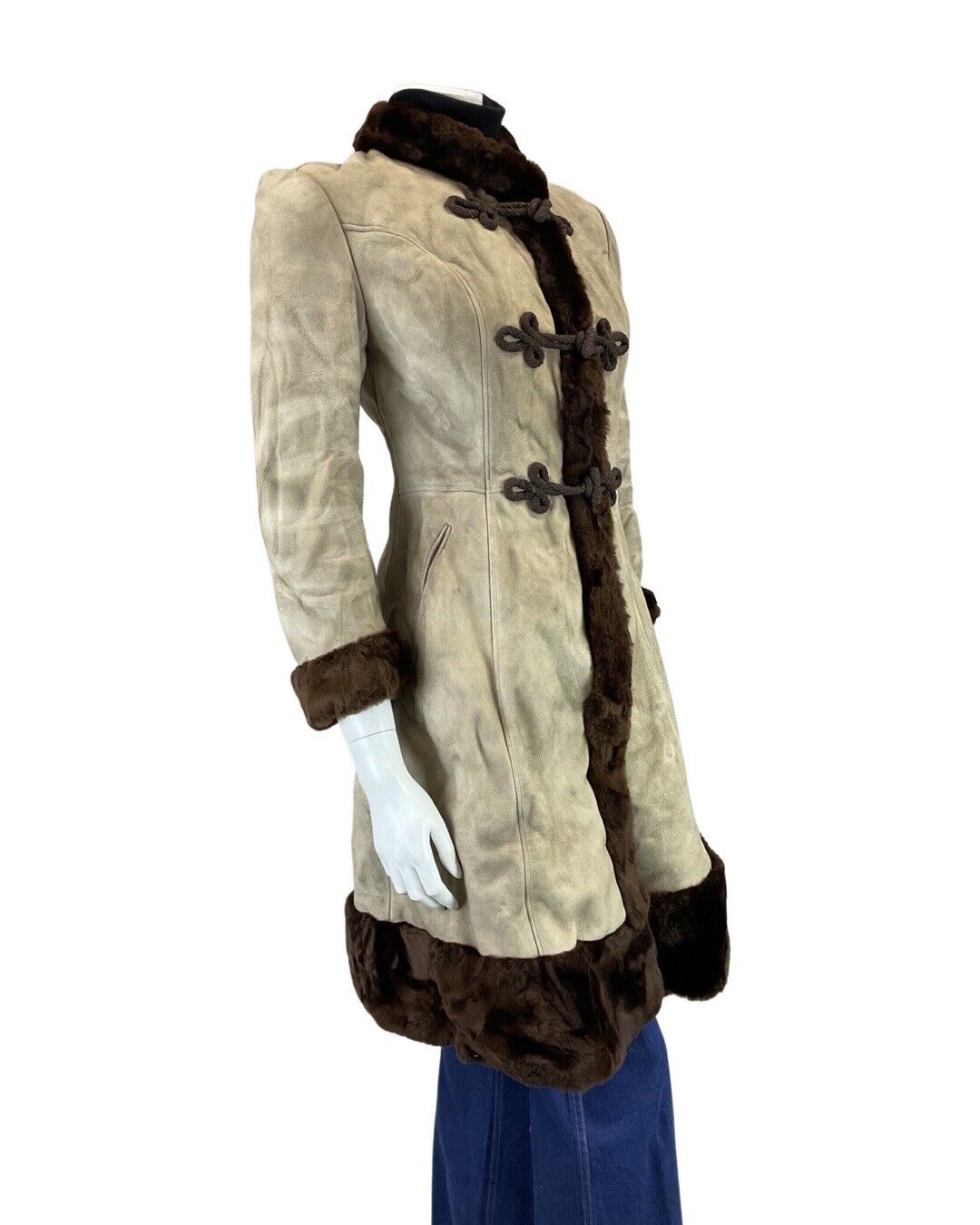 VINTAGE 60s 70s PEANUT BROWN ZHIVAGO BROCADE SUEDE LEATHER SHEARLING COAT 6 8
