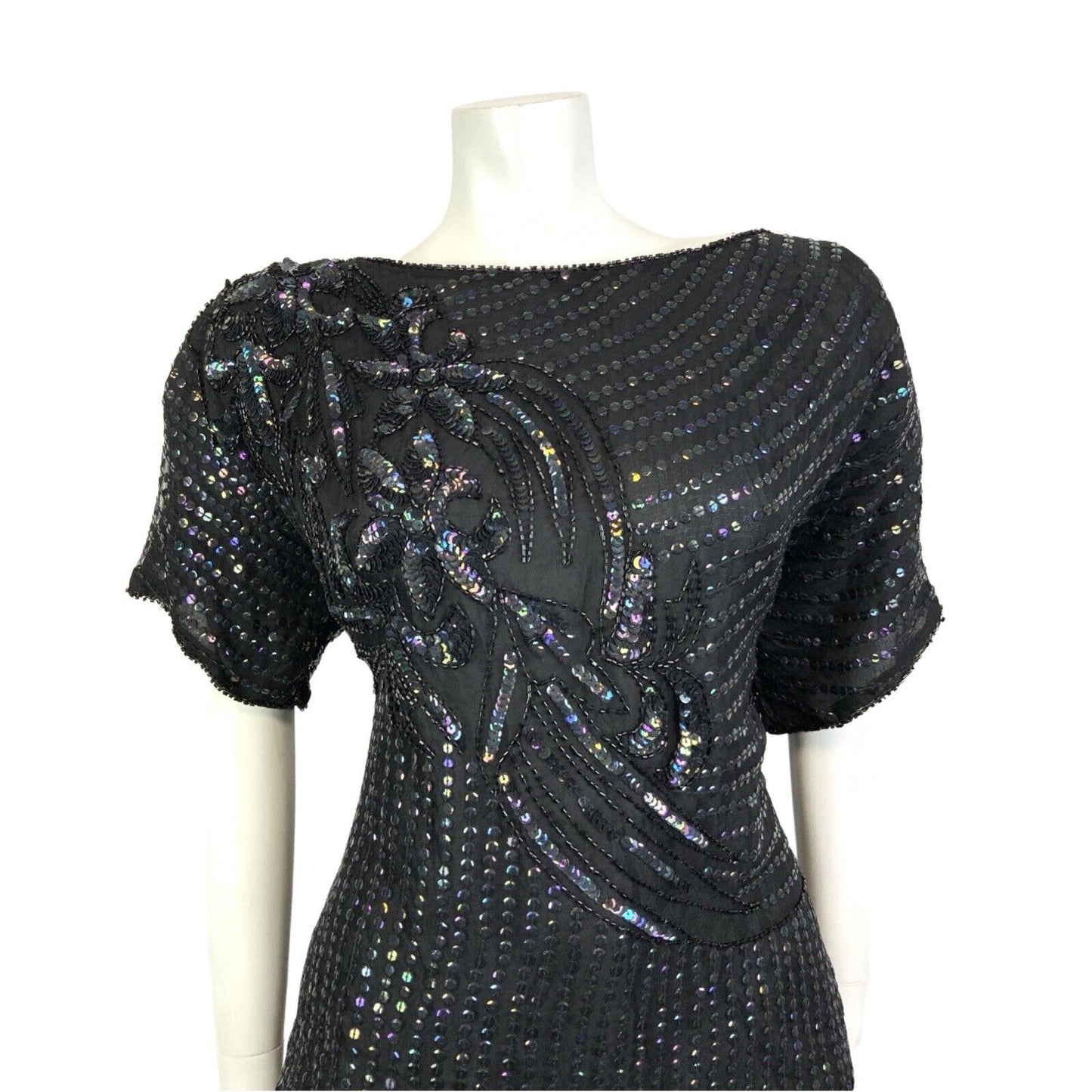 VTG 60s 70s BLACK STRIPED FLORAL SEQUIN BEADED DISCO STUDIO 54 GLAM TOP 18 20