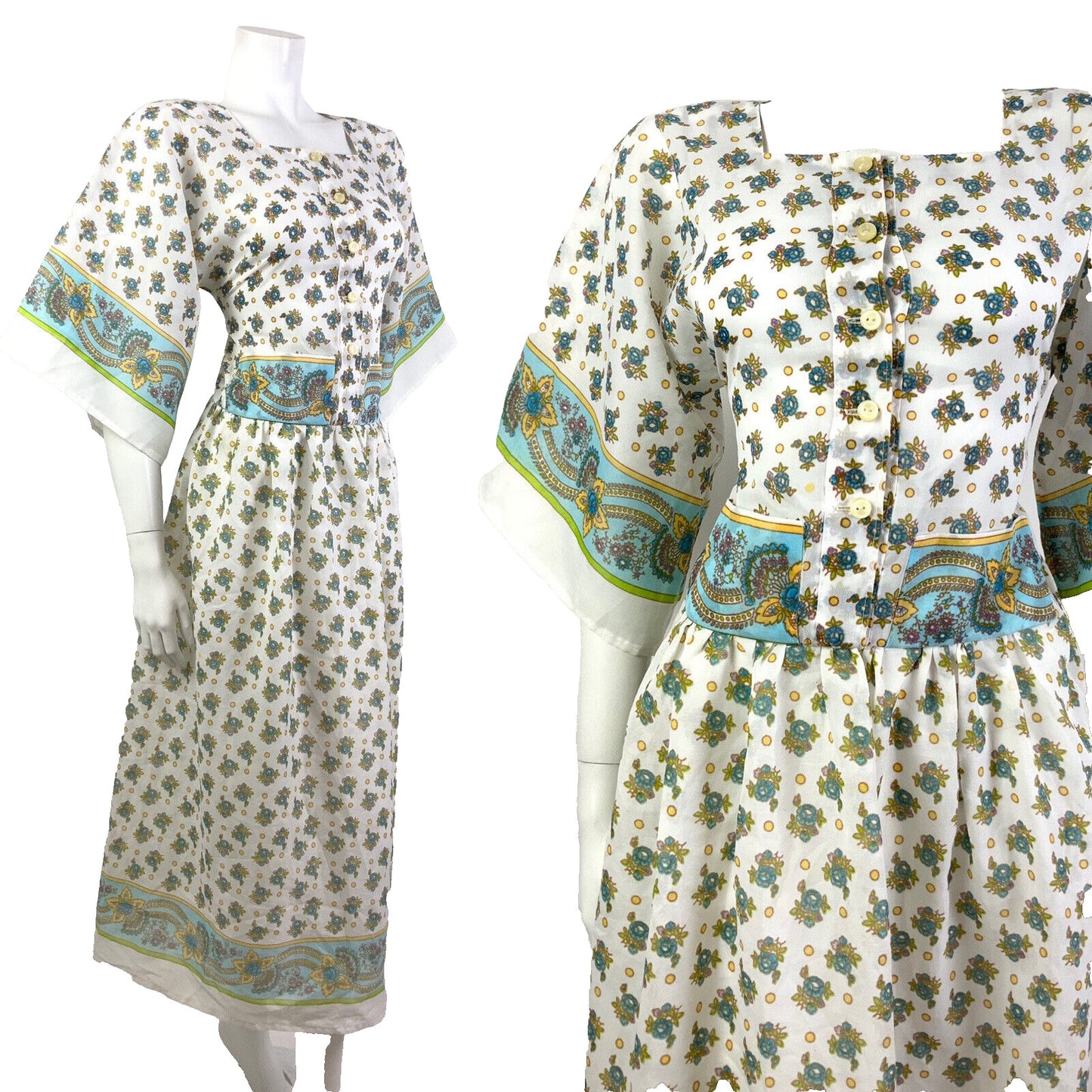 VINTAGE 60s 70s WHITE BLUE GREEN FLORAL ROSE FOLK BOHO KIMONO SLEEVE DRESS 10 12