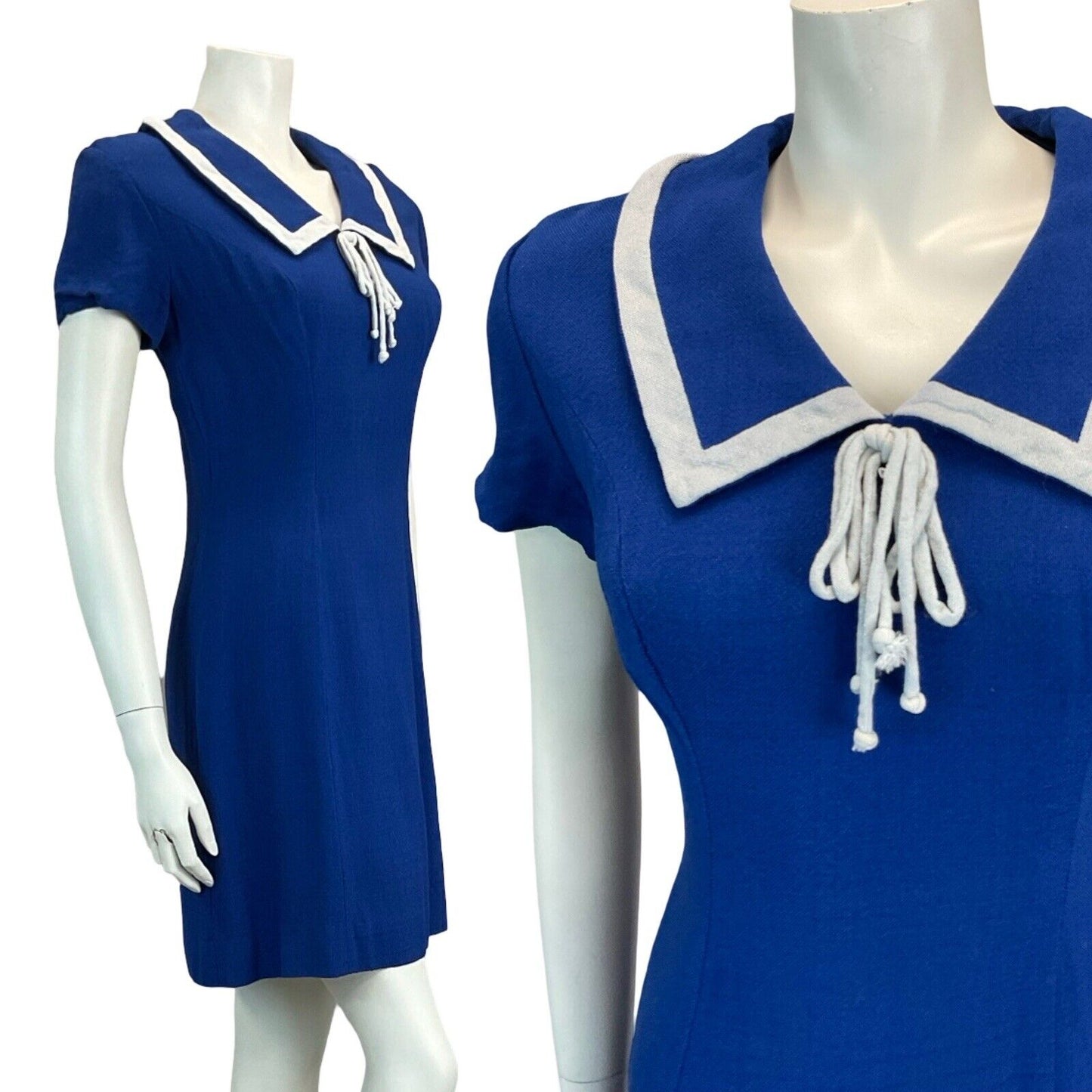 VTG 60S 70S ROYAL BLUE NAUTICAL LINEN FEEL MINI DRESS MOD GOGO SCOOTER 8 10
