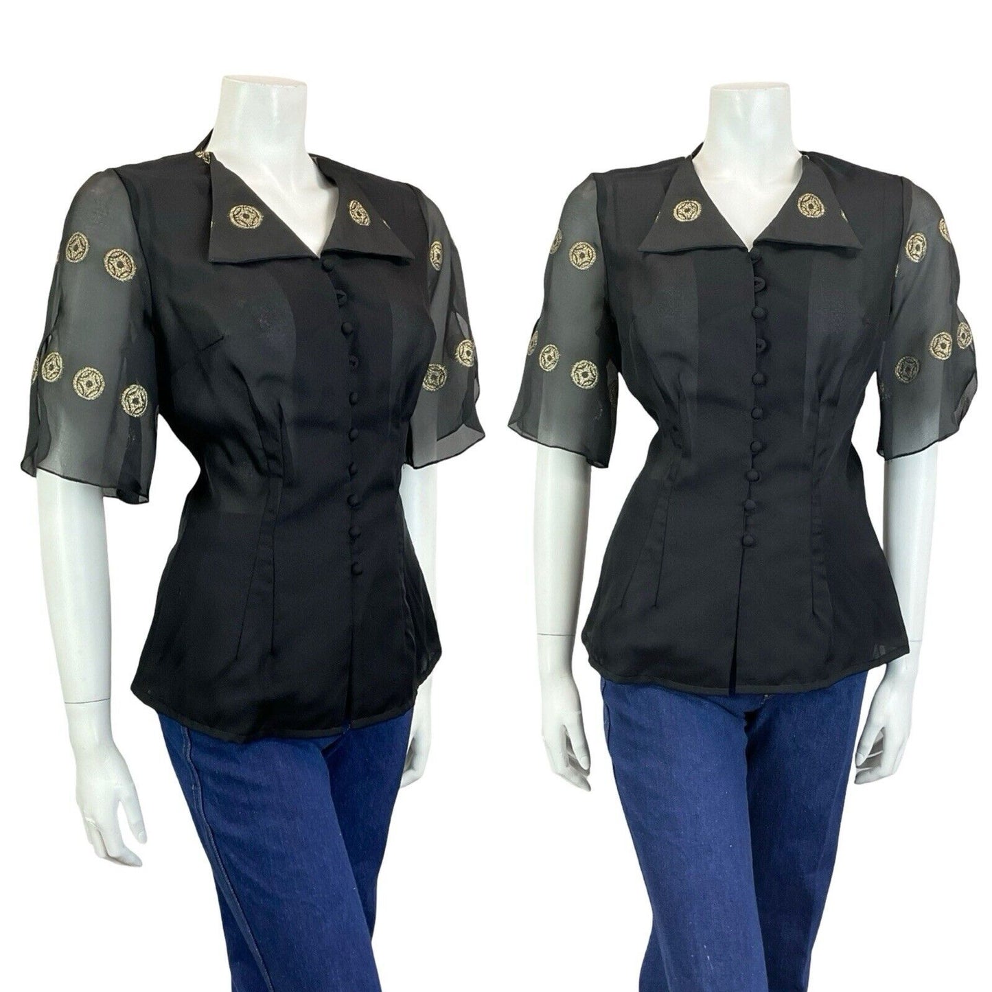 VTG 70S BLACK GOLD ART DECO FLOATY SLEEVE WING COLLAR FITTED PARTY TOP 10