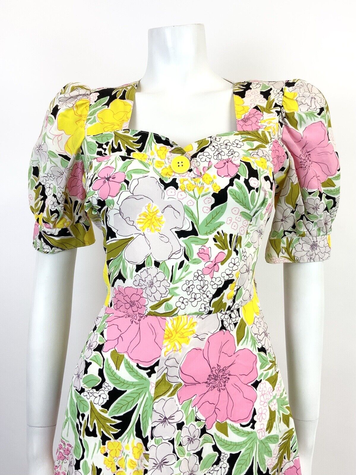 VINTAGE 60s 70s WHITE GREEN PINK BLACK FLORAL PUFF SLEEVE MOD SWING DRESS 10 12