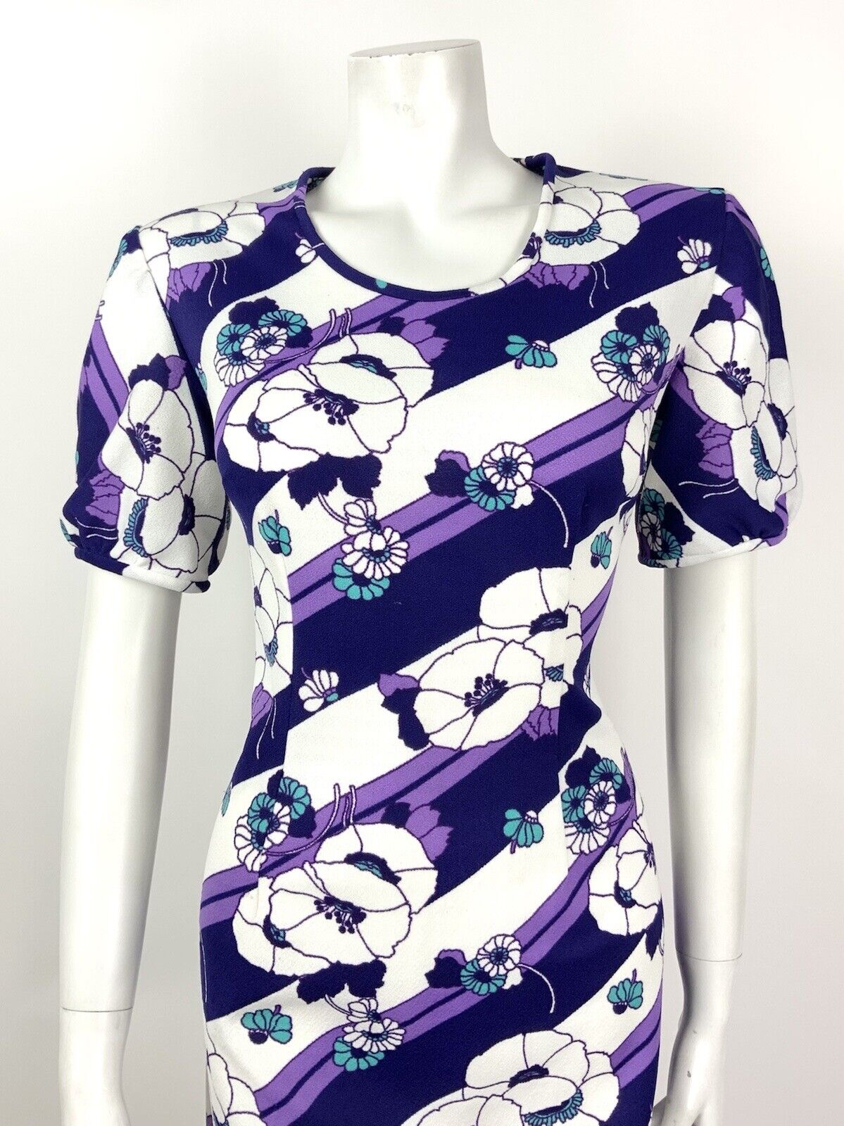VINTAGE 60s 70s PURPLE WHITE TURQUOISE STRIPED FLORAL MOD DRESS 14 16