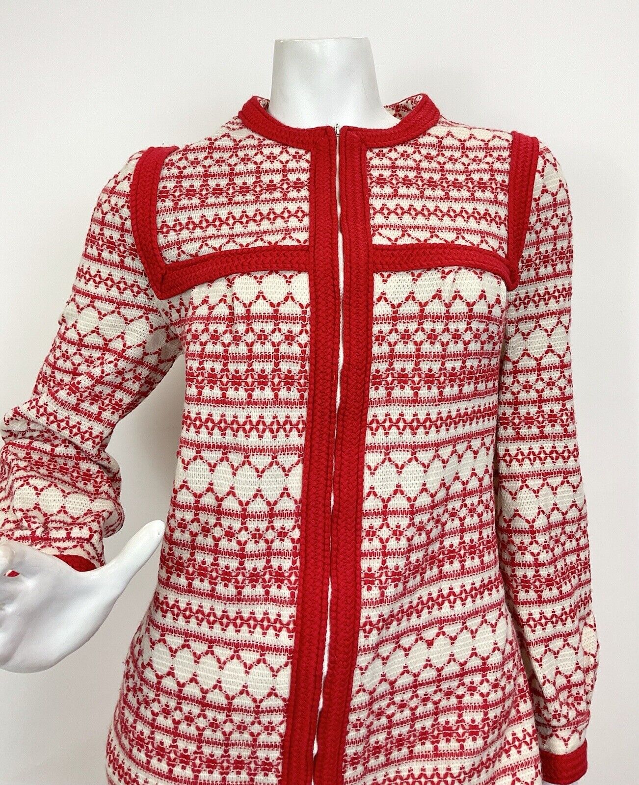 VINTAGE 60s 70s WHITE RED NORDIC SWEDISH GEOMETRIC KNITTED MAXI DRESS 12 14