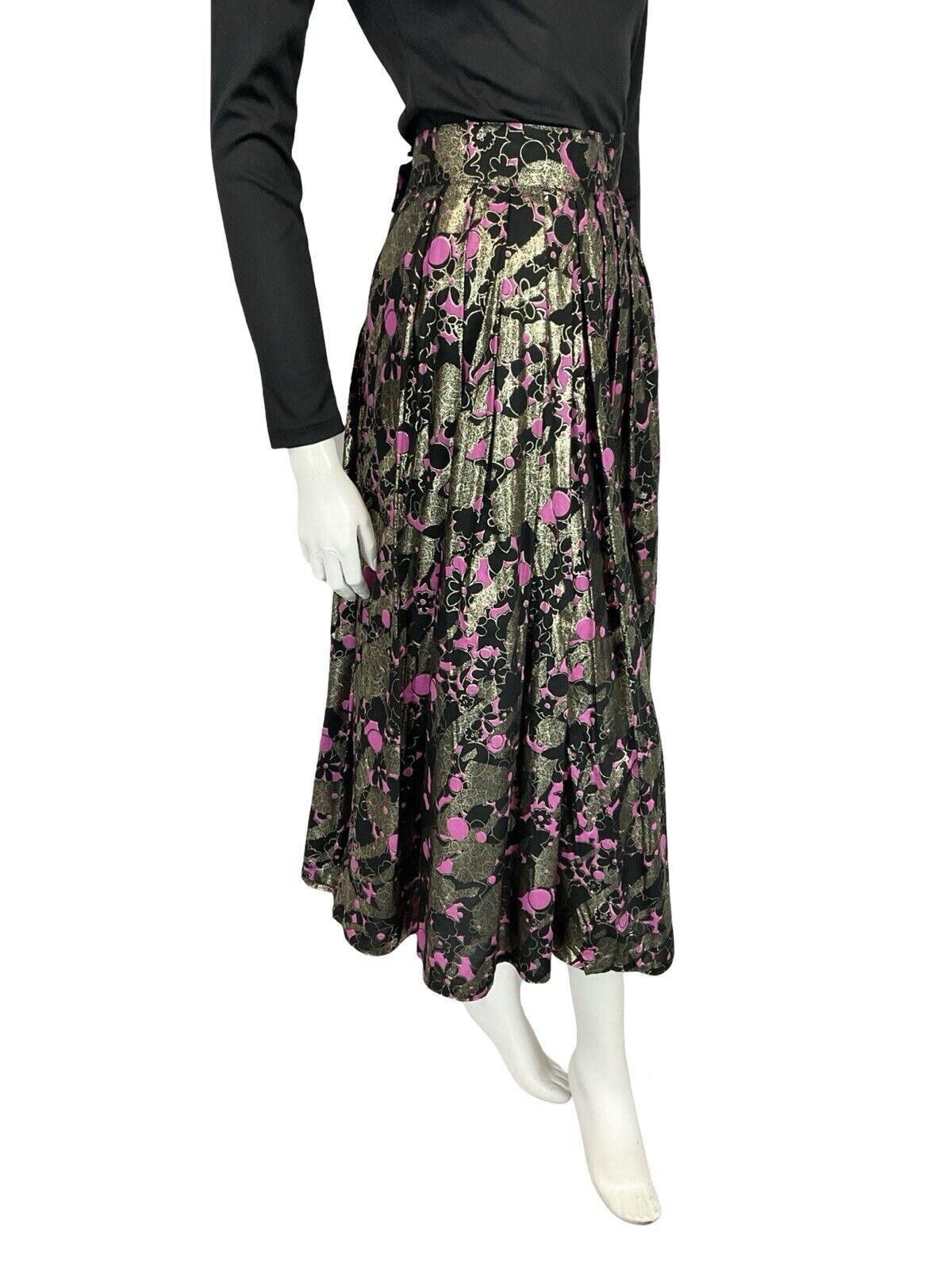 VTG 70S BLACK PINK GOLD METALLIC FLORAL PLEATED NEW WAVE MIDI PARTY SKIRT 14 16
