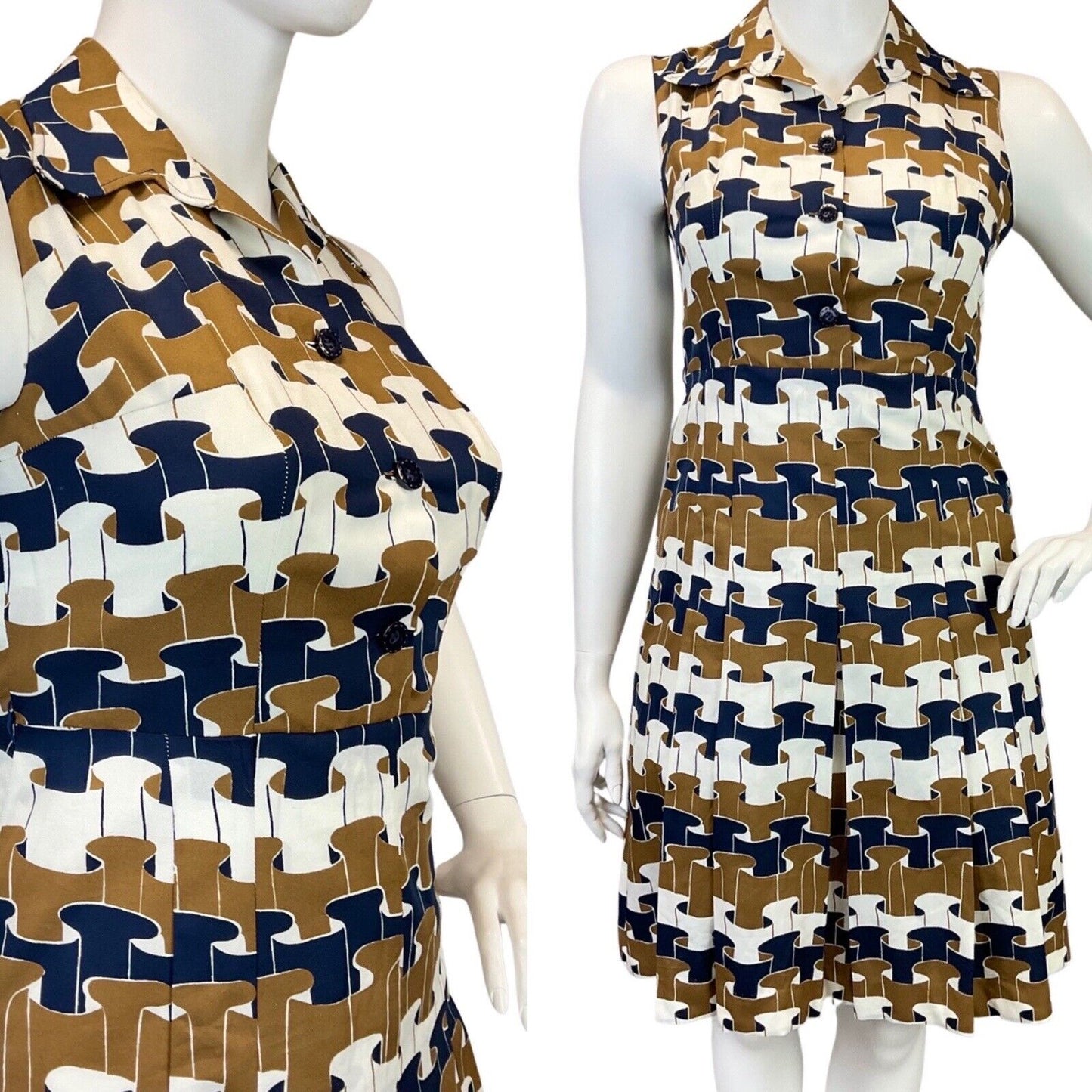 VINTAGE 60s 70s BROWN WHITE BLUE GEOMETRIC RUFFLE MOD DAGGER SHIRT DRESS 16
