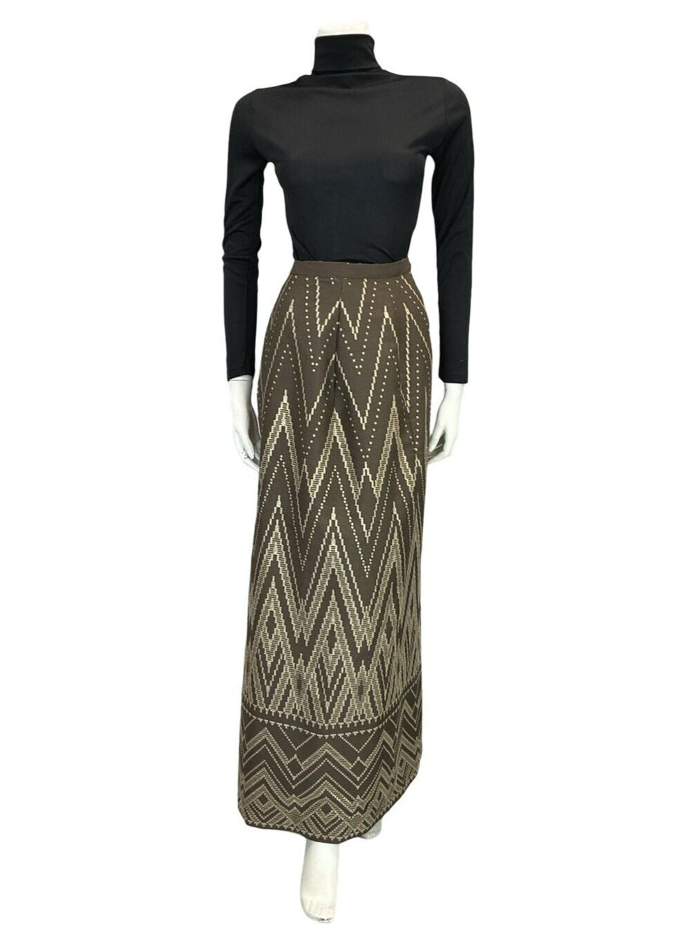 VTG 60S 70S ART DECO GEOMETRIC BROWN GOLD ZIG ZAG MAXI SKIRT 8