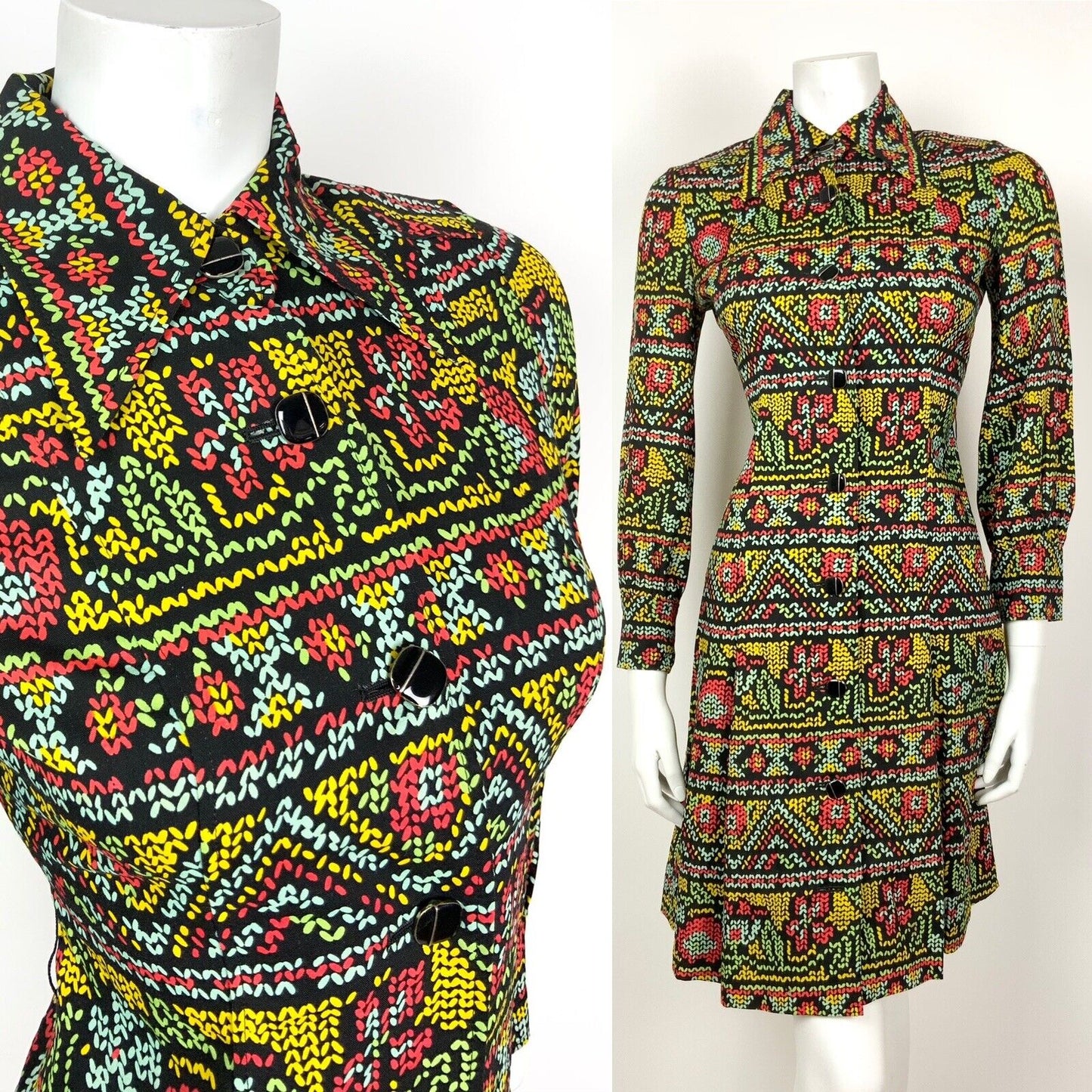 VTG 60 70s BLACK BLUE YELLOW RED FLORAL AZTEC FOLK GYPSY DAGGER SHIRT DRESS 8 10