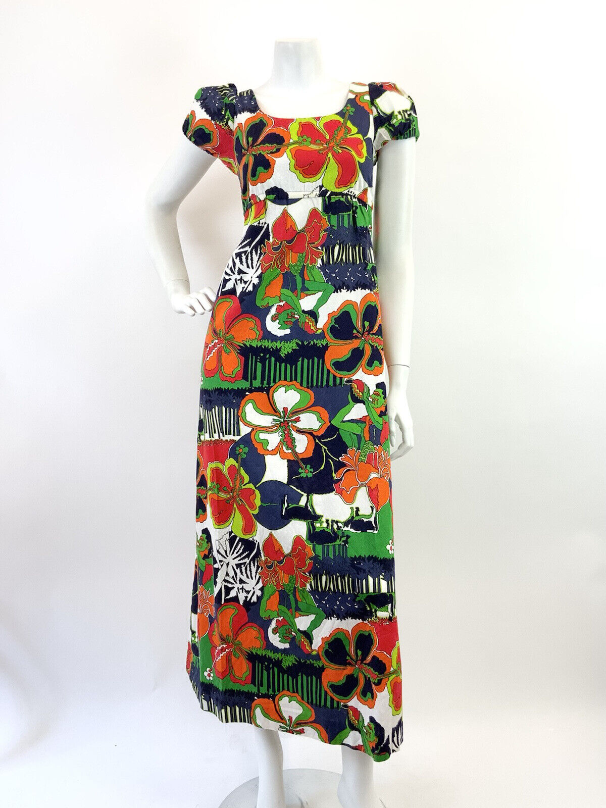 VINTAGE 60s 70s BLUE WHITE GREEN ORANGE HAWAIIAN FLORAL EMPIRE LINE MAXI DRESS 8