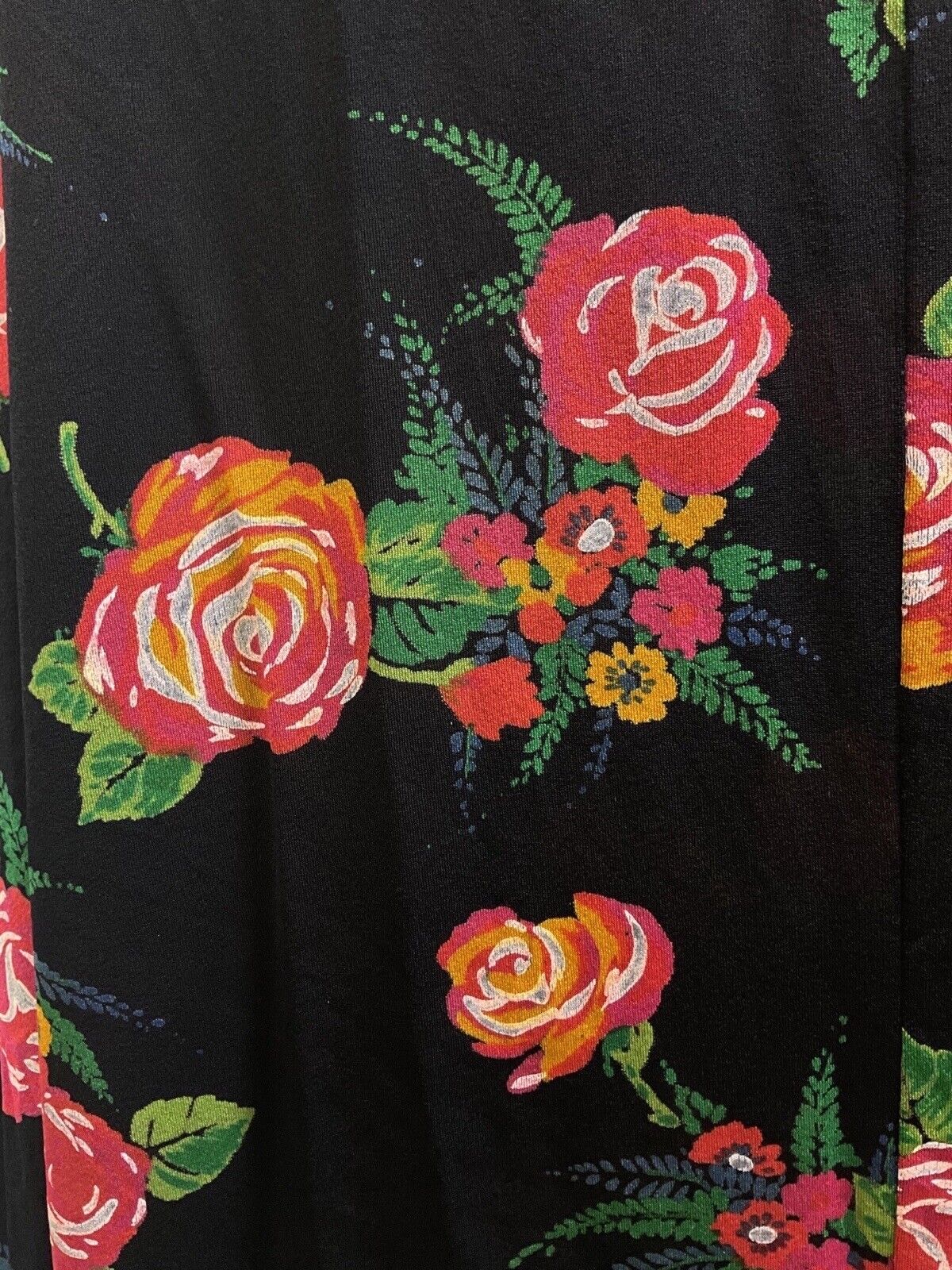 VINTAGE 60s 70s BLACK RED GREEN ROSE FLOWER BOUQUET SLEEVELESS MAXI DRESS 12 14