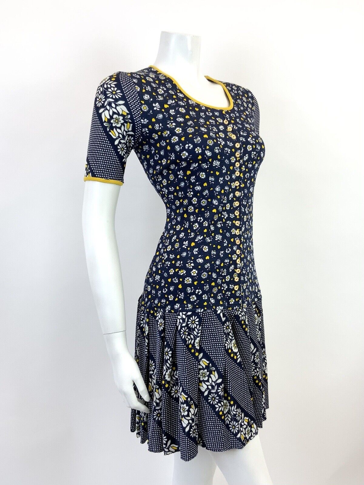 VINTAGE 60s 70s BLUE WHITE YELLOW FLORAL POLKA DOT LOVE HEART MOD DRESS 12