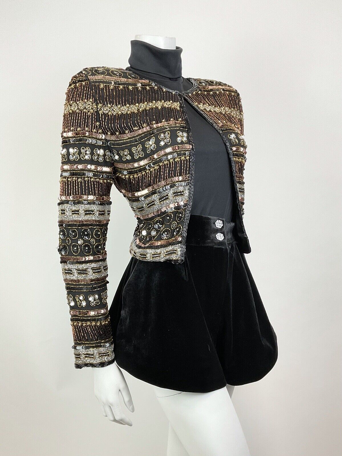 VTG 70s BLACK BRONZE SILVER DECO STRIPED BEADED SEQUIN PARTY TROPHY JACKET 8 10