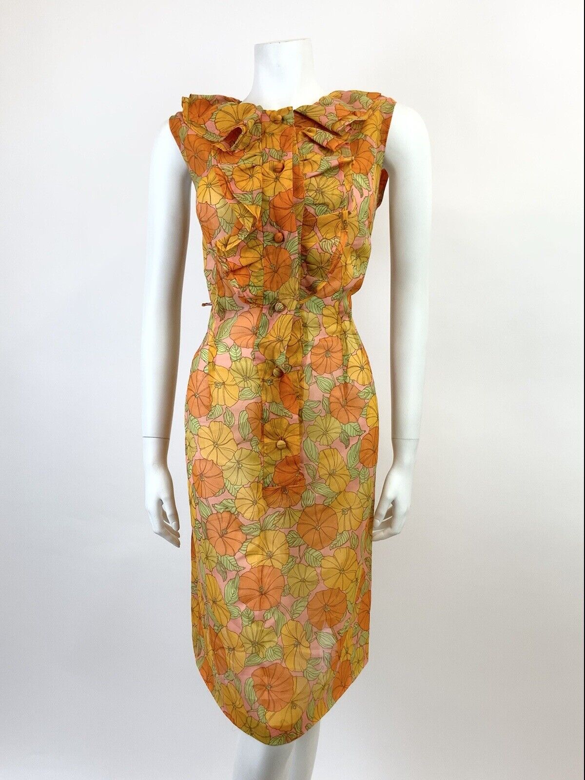 VINTAGE 60s 70s ORANGE PINK YELLOW GREEN FLORAL RUFFLE SHEER MOD DRESS 10 12
