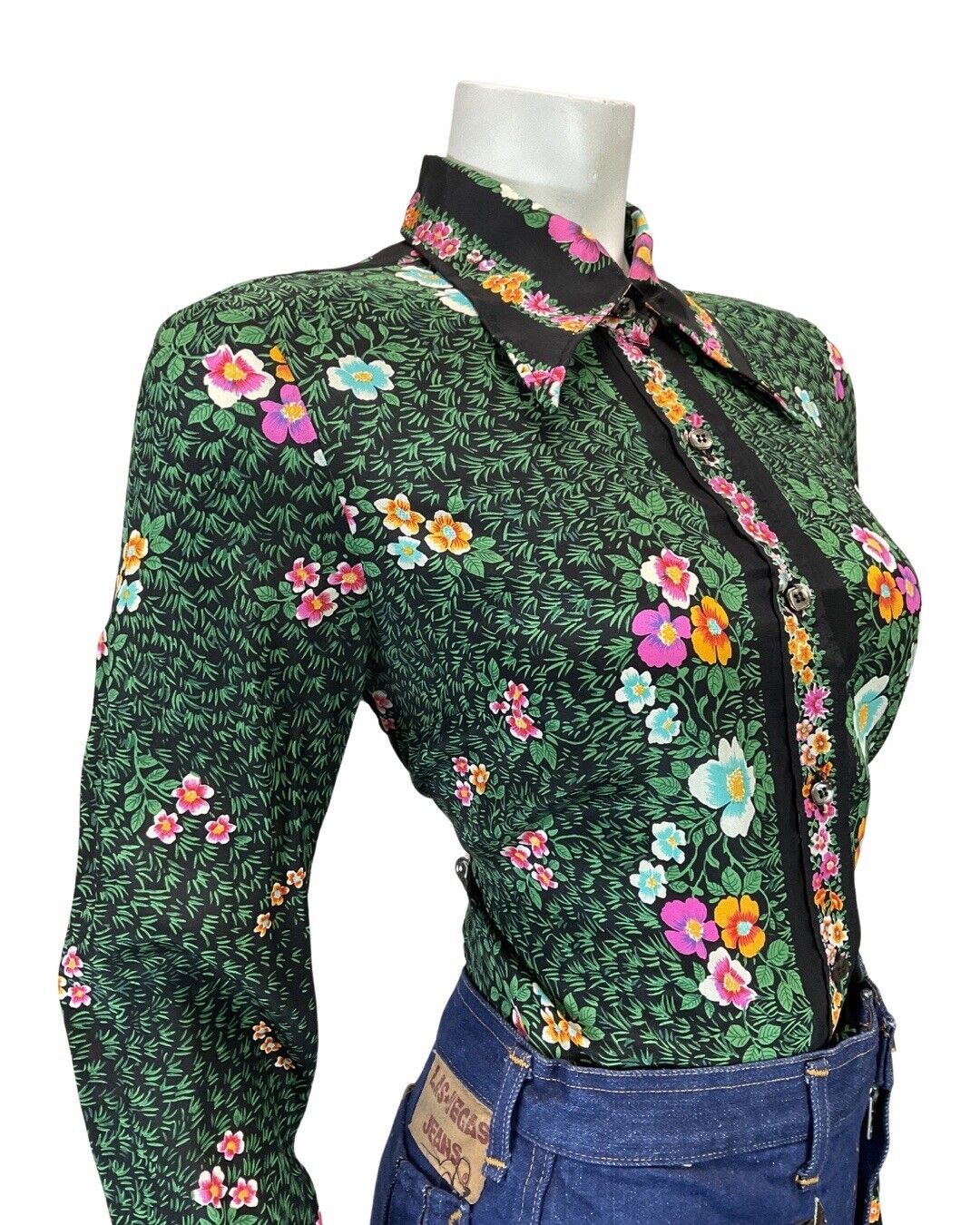 VINTAGE 70s 90s GREEN BLACK PINK LEAFY FLOWER GARDEN DAGGER COLLAR BLOUSE 12 14