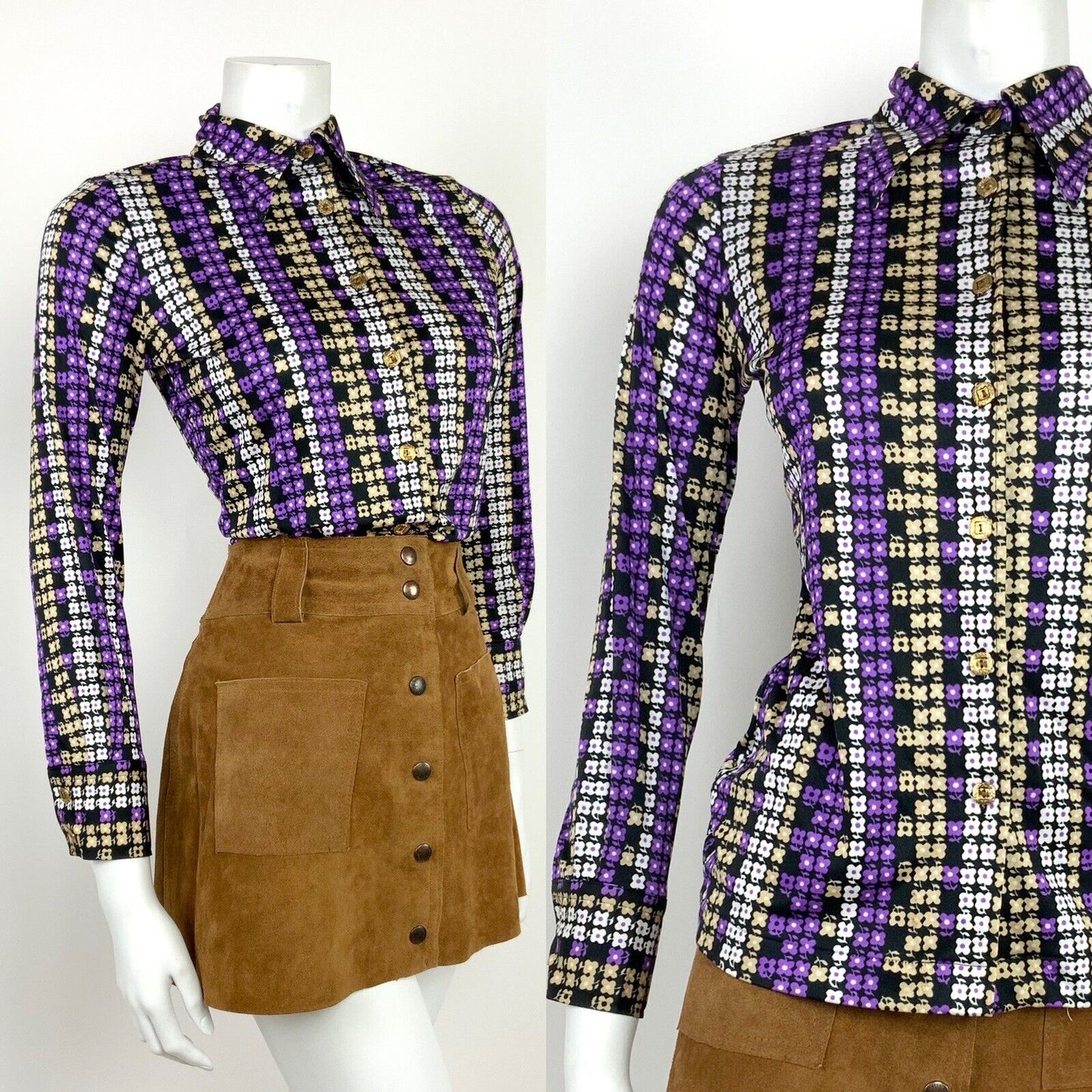 VINTAGE 60s 70s BLACK PURPLE WHITE BEIGE FLORAL PSYCHEDELIC DAISY SHIRT 10 12