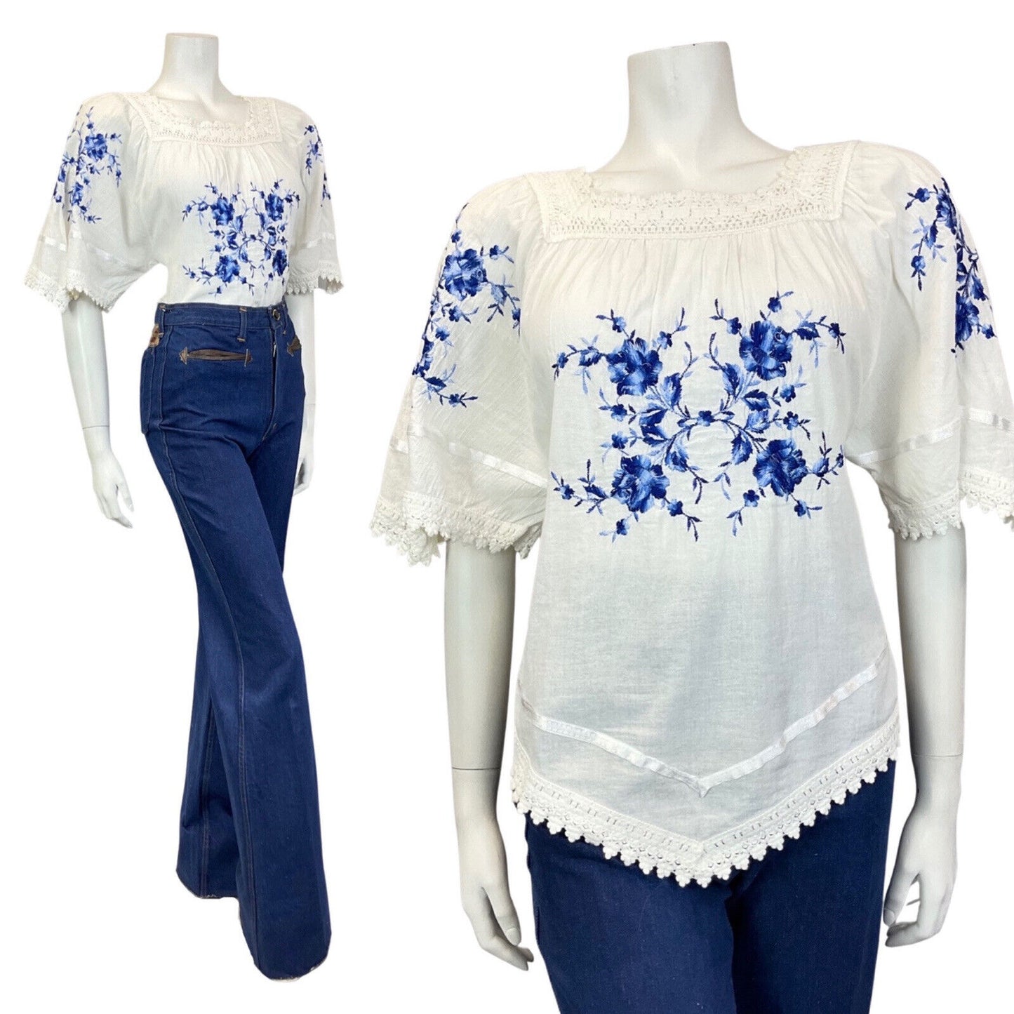 VINTAGE 60s 70s WHITE BLUE FLORAL ROSE EMBROIDERED CROCHETED BOHO BLOUSE 12 14