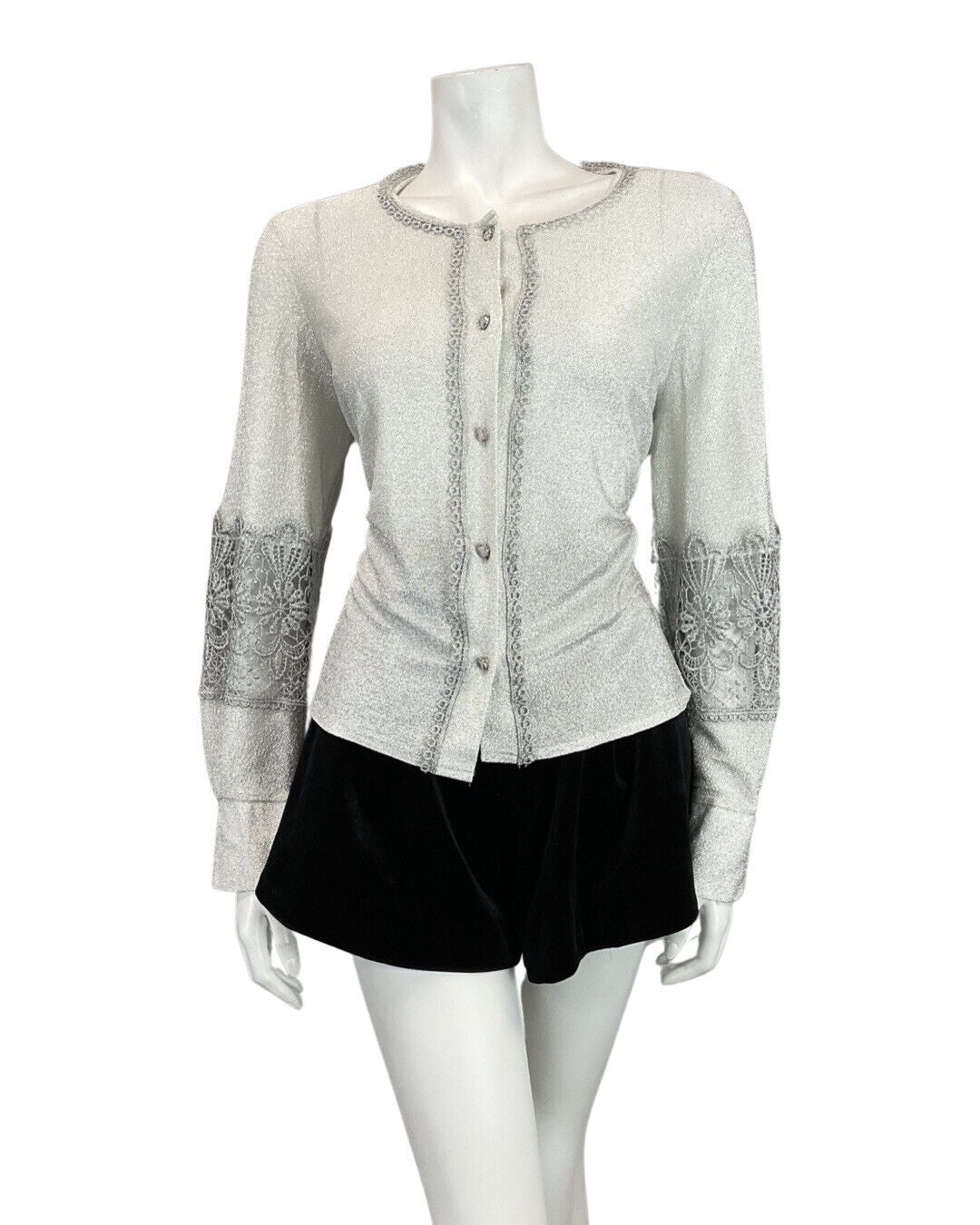 VTG 60s 70s METALLIC SILVER LUREX LACE DISCO PARTY STUDIO 54 JACKET BLOUSE 12 14