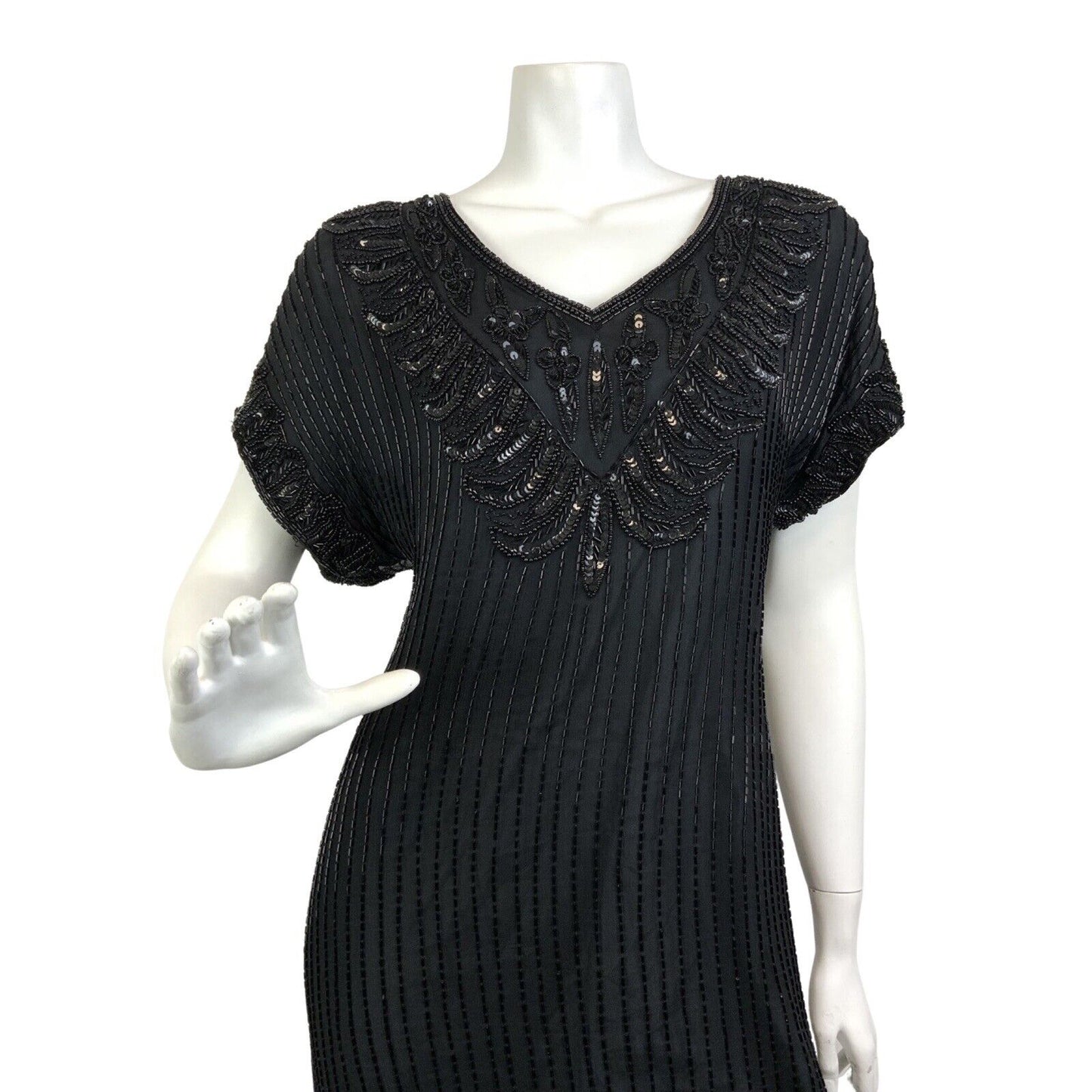 VINTAGE 70s 80s BLACK SEQUIN BEADED FLAPPER STYLE DISCO GLAM PARTY DRESS 14