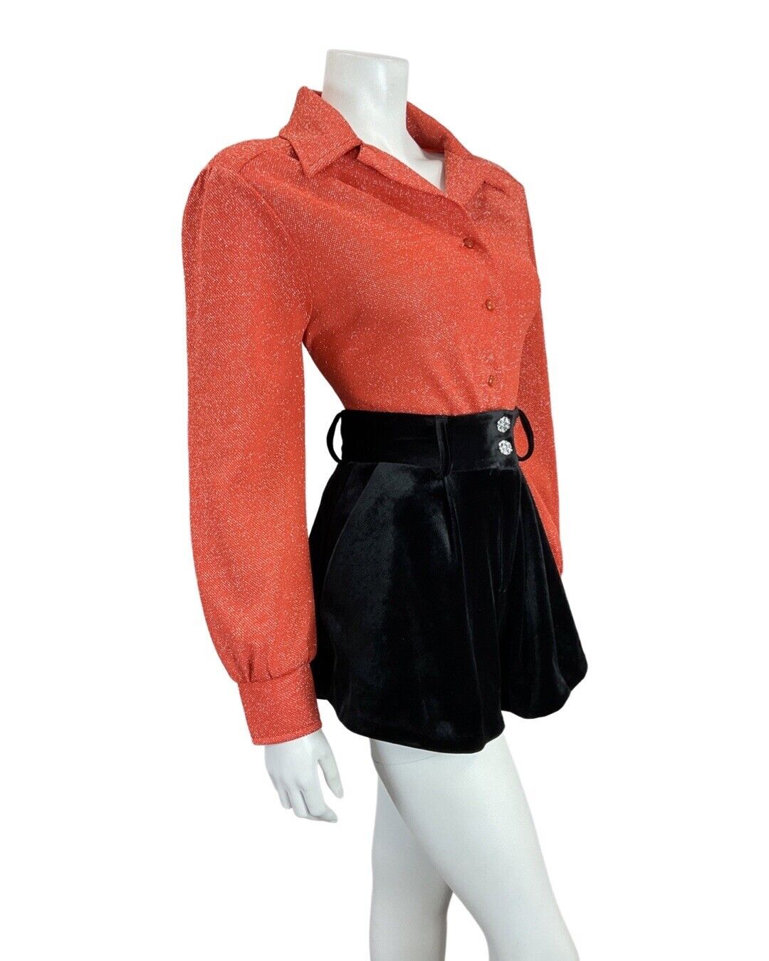 VINTAGE 60s 70s BRIGHT RED GLITTER DISCO LUREX DAGGER COLLAR SHIRT 12