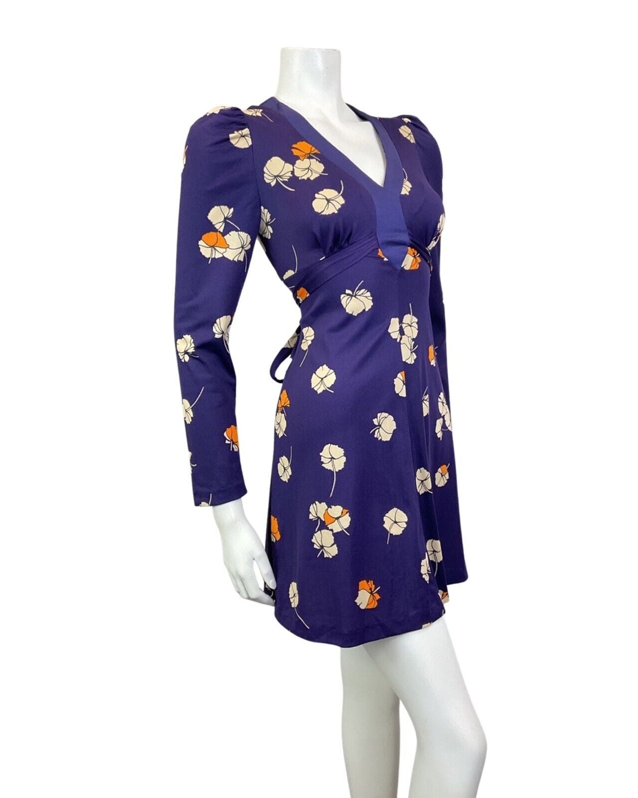 VINTAGE 60s 70s PURPLE BEIGE ORANGE FLORAL LONGSLEEVE MOD SUMMER SWING DRESS 12