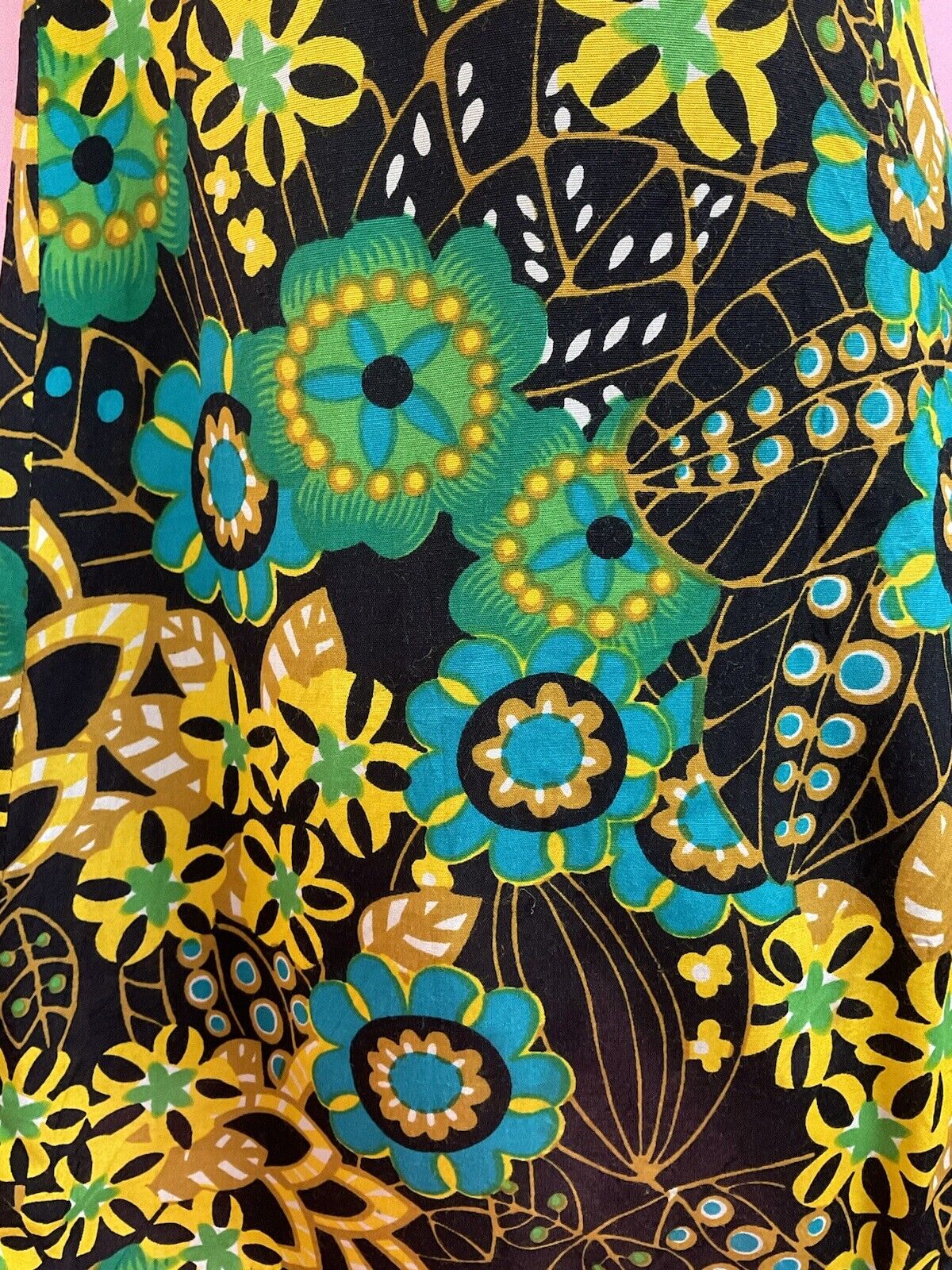 VINTAGE 60s 70s BLACK GREEN YELLOW PSYCHEDELIC FLORAL MANDALA SHIRT DRESS 10 12