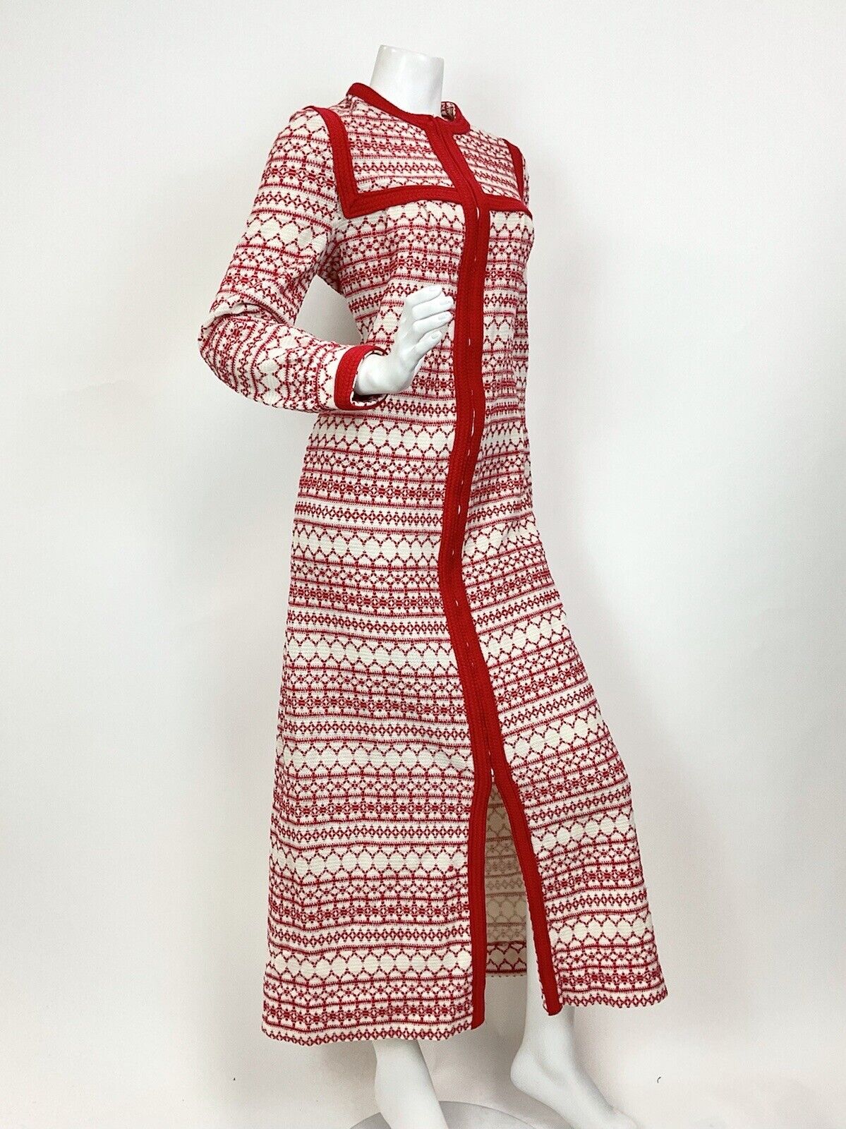 VINTAGE 60s 70s WHITE RED NORDIC SWEDISH GEOMETRIC KNITTED MAXI DRESS 12 14